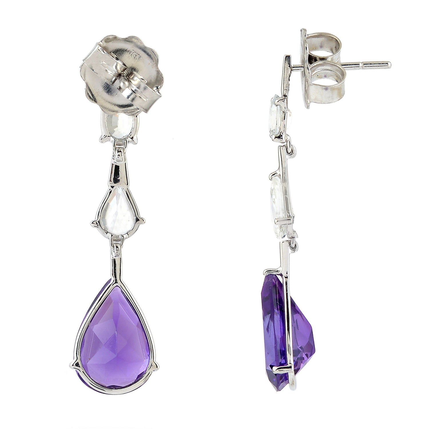 18K White Gold Prong Amethyst & White Sapphire Dangle Earrings for Women | Elegant Gemstone Jewelry Gift for Birthday, Anniversary & Special Occasions