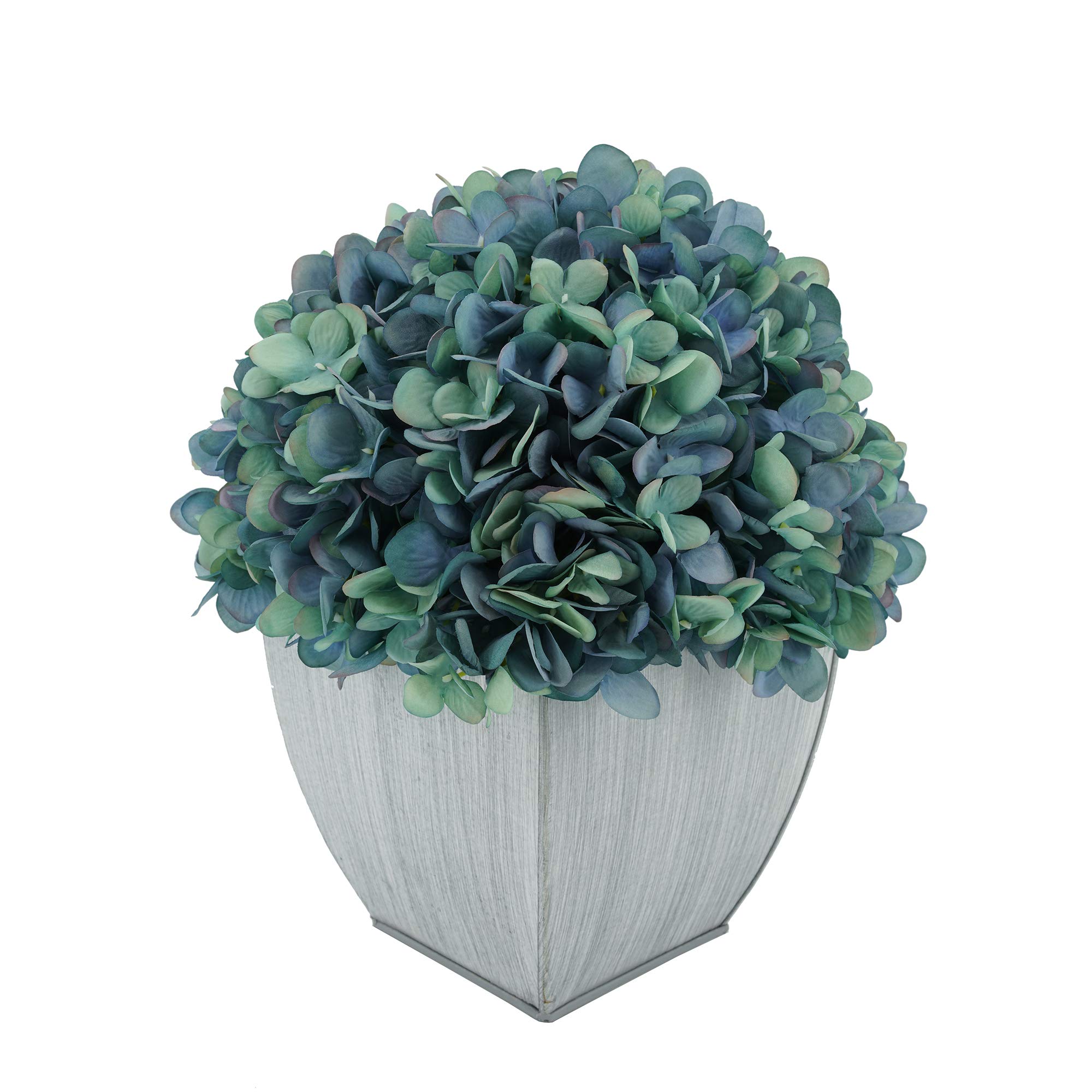 Artificial Hydrangea Silk Flowers in Farmhouse Tapered Zinc Cube Vase - Antique Aqua Home Decor for Farmhouse, Rustic, or Vintage Style Living Room, Dining Table Centerpiece