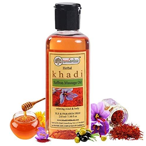 KHADI RISHIKESH Herbal Saffron Massage Oil - 210ml for Full Body Pain Relief & Stress Reduction | Skin Brightening, Glowing Complexion & Acne Treatment | Daily Use for Women & Men (Includes Free Keychain) | Perfect for Spa Nights, Couples Massage & Self-Care Routines