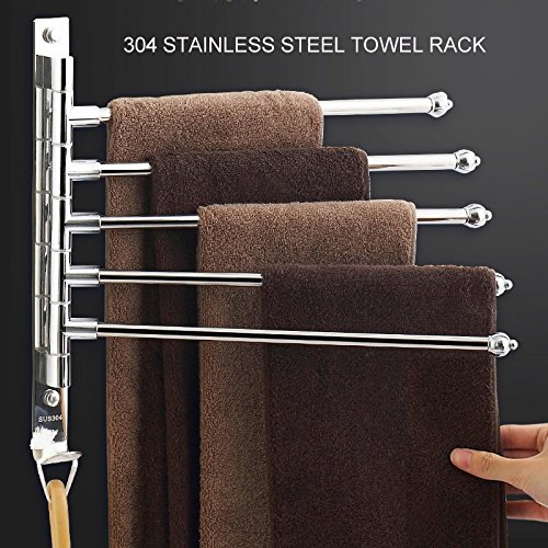 MOCOFO 5-Bar Swivel Towel Rack - Stainless Steel SUS304 Bathroom Towel Holder with Folding Arm, Wall Mount for RV, Home & Spa - Polished Finish for Modern Decor