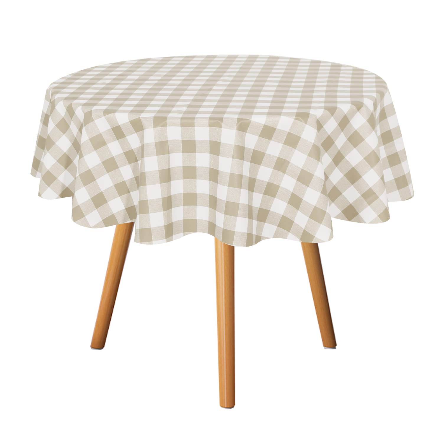 Sancua 60 Inch Checkered Vinyl Round Tablecloth - 100% Waterproof, Oil & Spill Proof PVC Table Cover for Dining, Buffet Parties, Camping - Easy Wipe Clean - Taupe & White - Perfect for Indoor & Outdoor Gatherings, Picnics, BBQs and Holiday Decorations