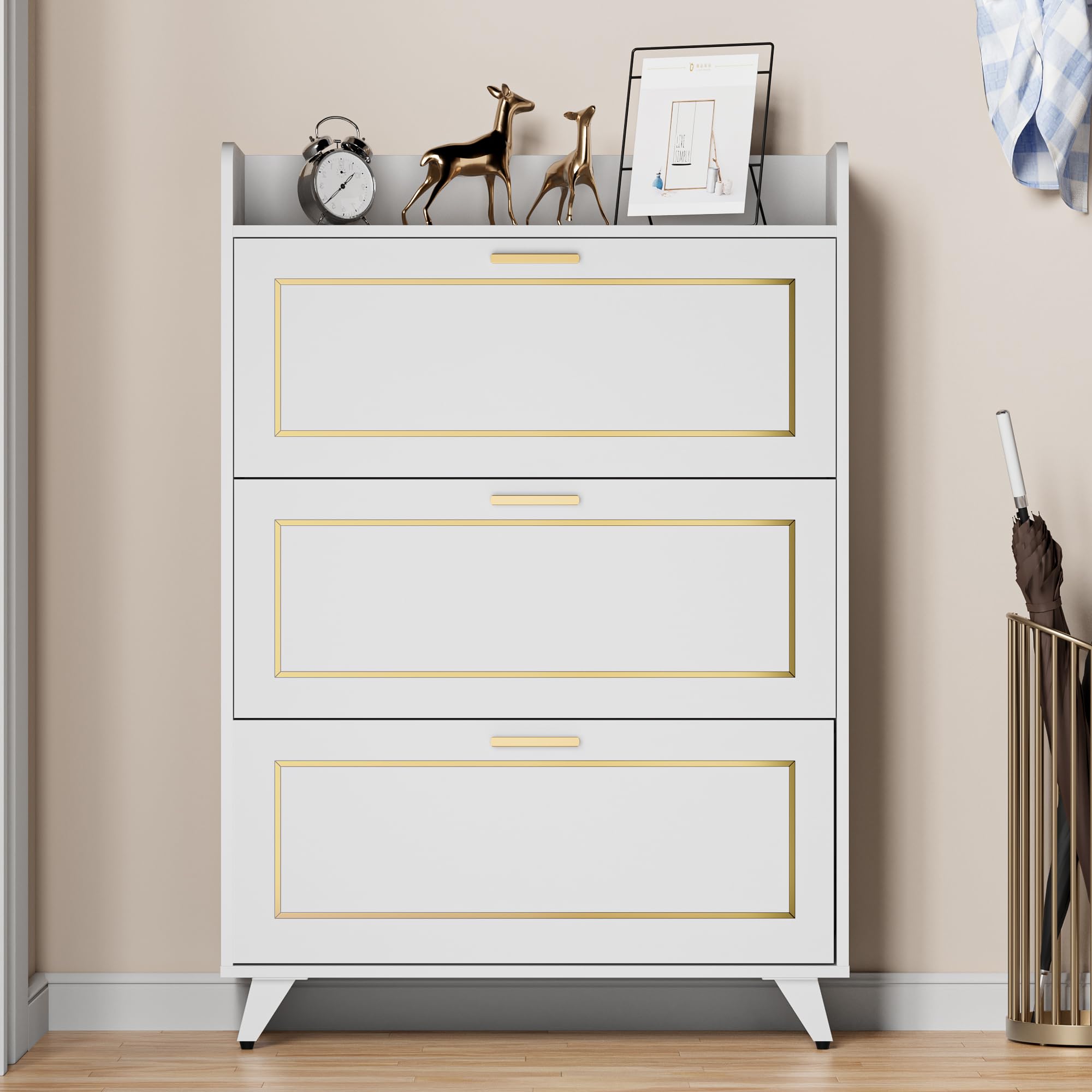 Cozy Castle 3-Tier Flip Drawer Shoe Storage Cabinet - Narrow Hidden Shoe Organizer for Entryway, Hallway & Closet - White Shoe Rack for Small Spaces & Apartment Living