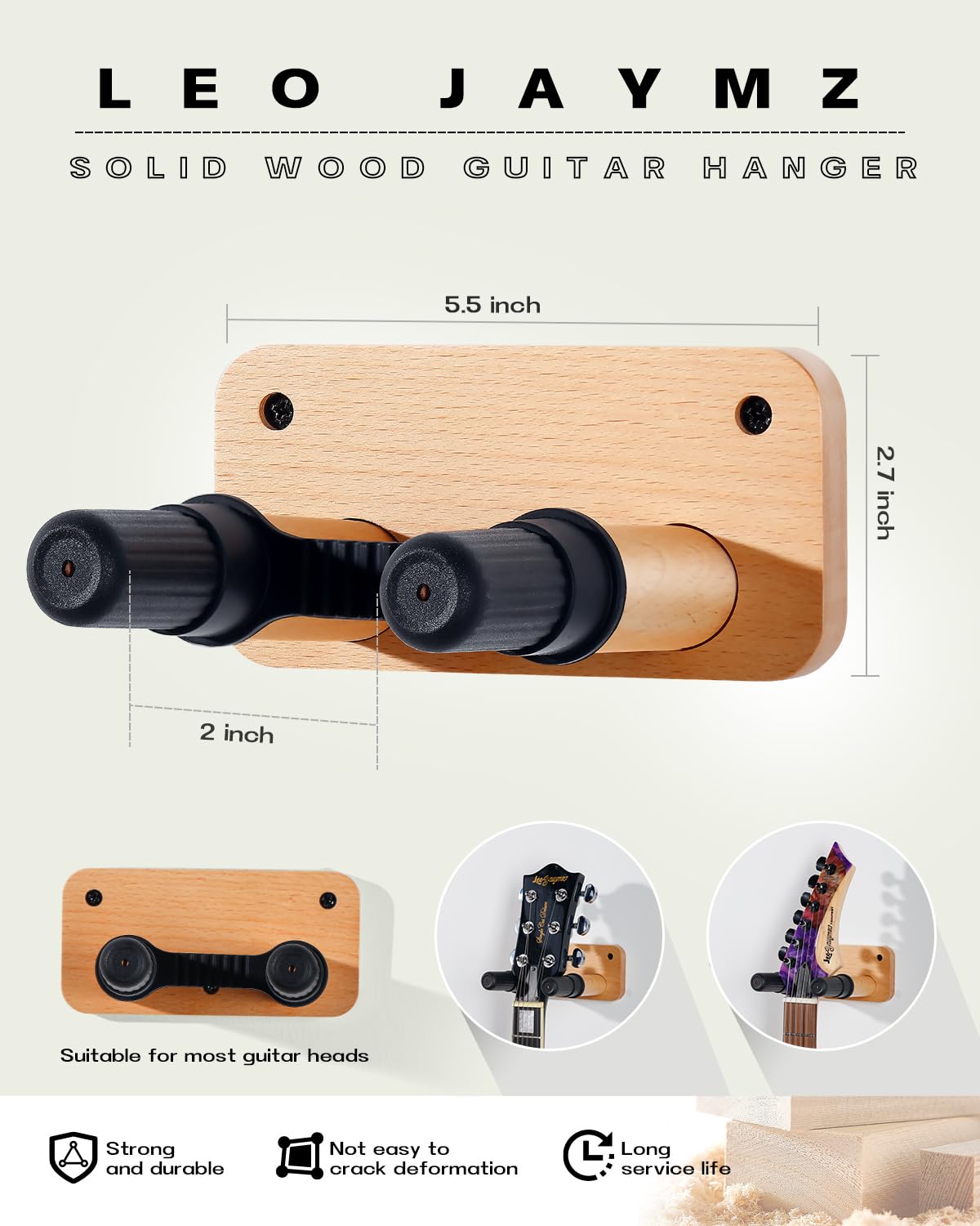 Leo Jaymz Solid Wood Guitar Wall Mount Hanger - Heavy Duty Hook Holder Stand with Screws for Acoustic/Electric Guitar, Bass, Banjo & Mandolin - Perfect for Home Studio, Music Room & Stage Organization