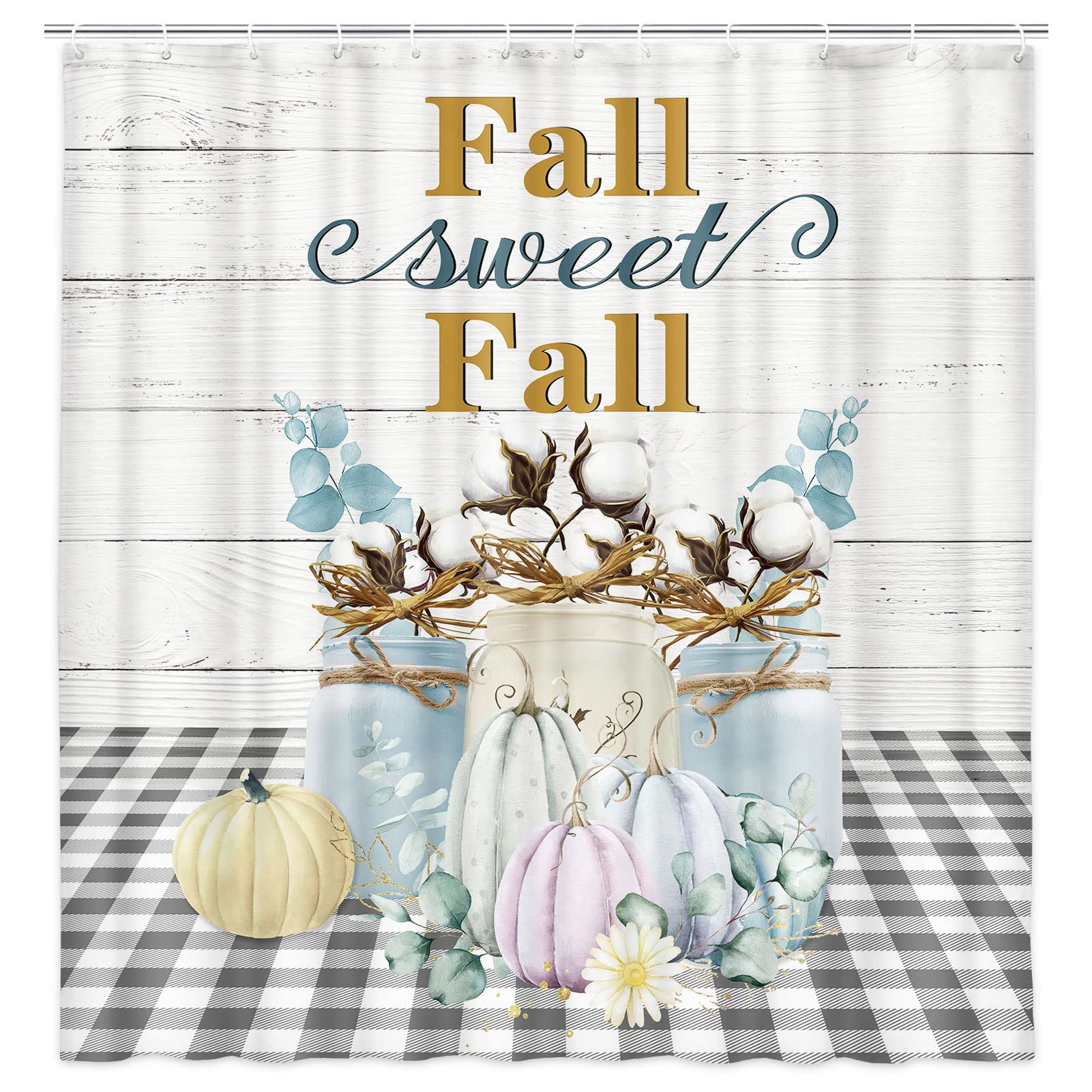Black and White Buffalo Check Plaid Shower Curtain - Rustic Fall Bathroom Decor with Pumpkin Cotton Floral Pattern on Gray Wooden Background, Autumn Fabric Bath Accessories Set with Hooks (54x70 Inches) - Perfect for Farmhouse, Country, or Vintage Style Bathrooms