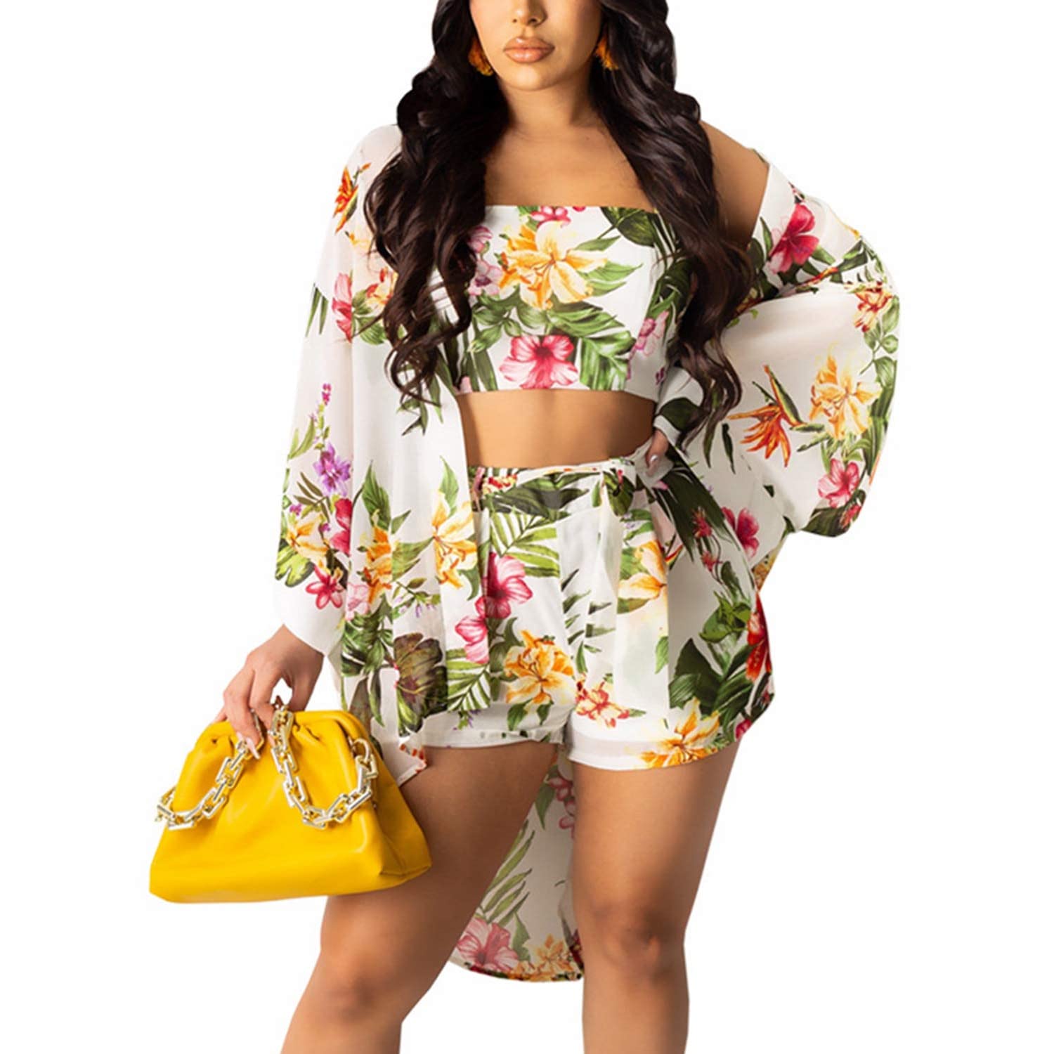Women's 3-Piece Hawaiian Swimsuit Set - Floral Kimono Cover Up & Beach Cardigan | Summer Swimwear for Pool, Vacation & Tropical Getaways