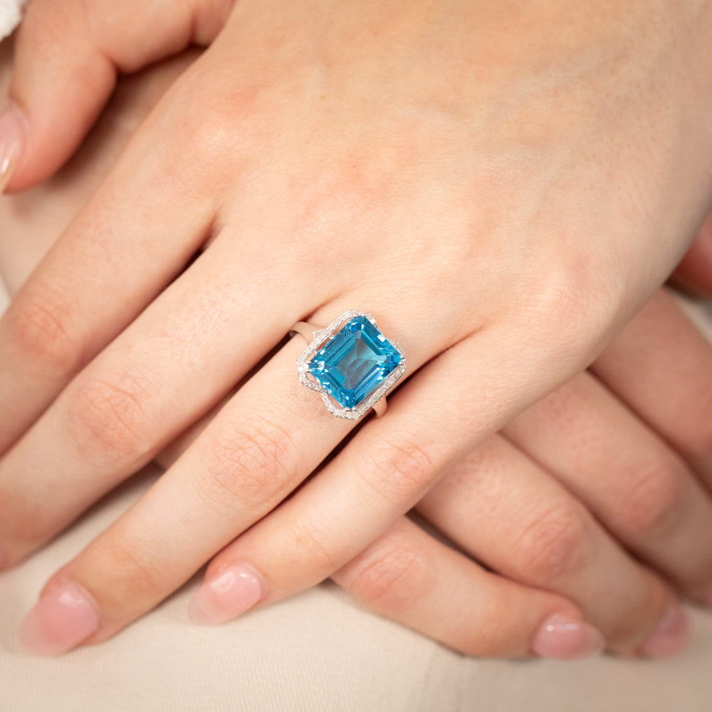 9ct White Gold Natural Blue Topaz & Diamond Ring for Women - Elegant Engagement, Wedding, Anniversary Gift for Her