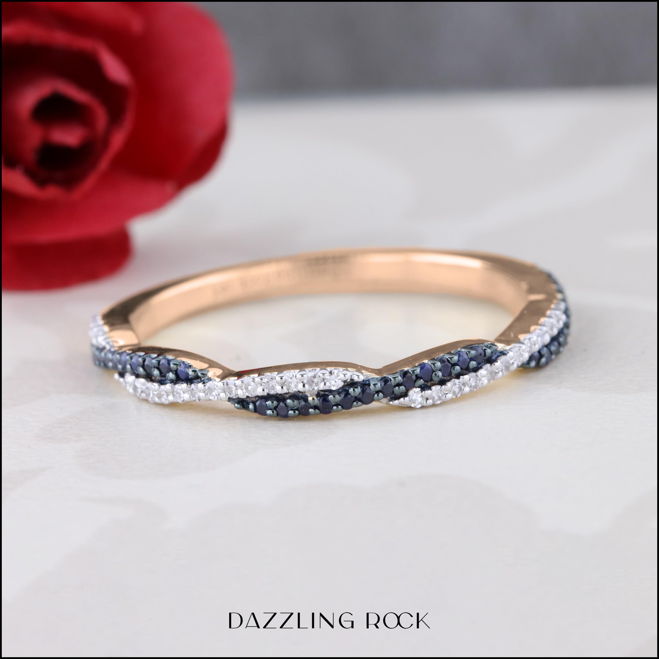 14K Solid Gold Round Blue Sapphire & White Diamond Swirl Stackable Ring for Women | Dazzlingrock Collection | Perfect for Weddings, Anniversaries & Special Occasions