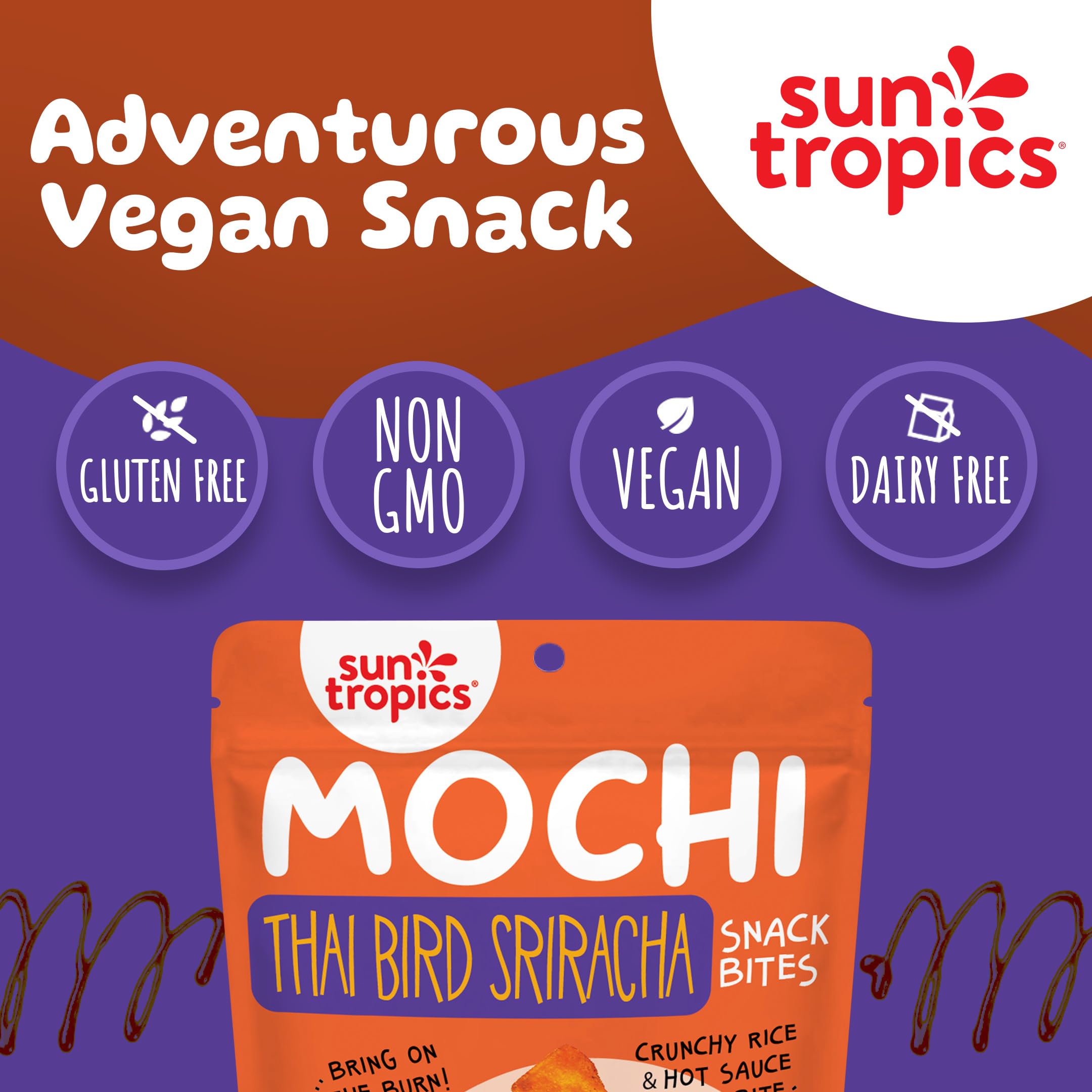 **Sun Tropics Mochi Snack Bites - Thai Bird Sriracha Flavor, 3.5 oz (6 Pack) | Gluten-Free, Dairy-Free, No MSG Added | Crispy Spicy Rice Nuggets, Asian Puff Rice Crackers | Perfect for On-the-Go Snacking, Lunchboxes & Party Platters**