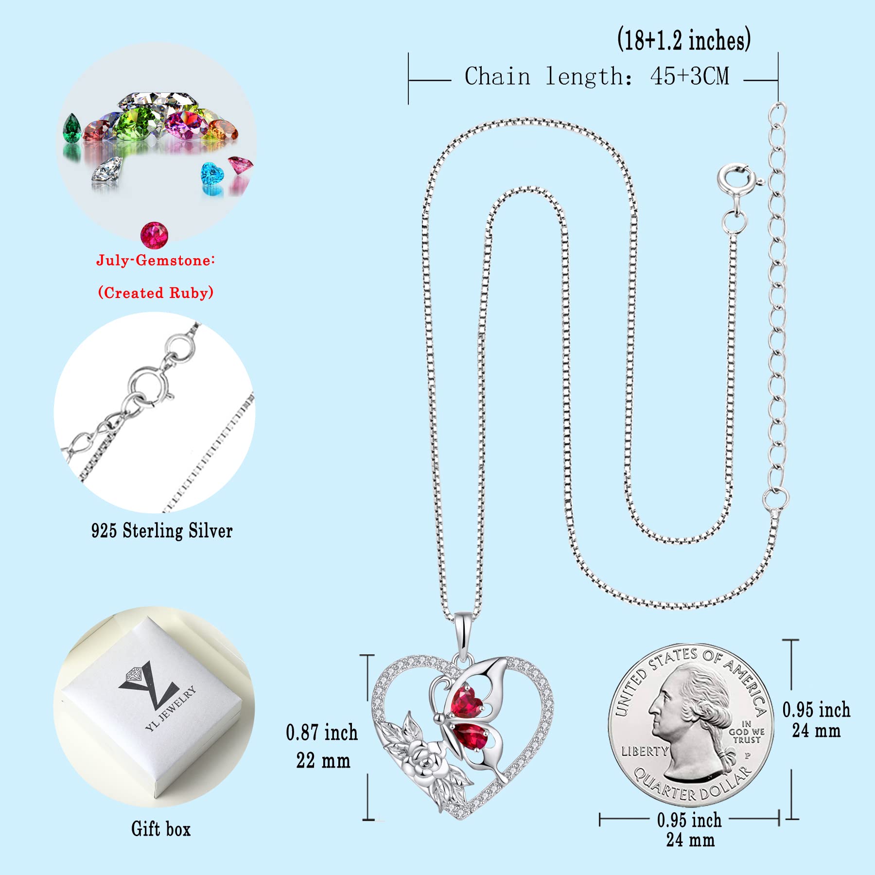 YL Butterfly Necklace for Women - 925 Sterling Silver Flower Rose Pendant with Birthstone Halo | Elegant Jewelry Gift for Birthday, Anniversary & Valentine's Day