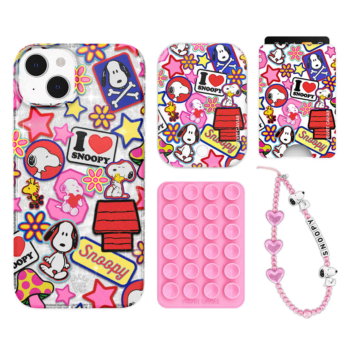 Snoopy Glitter iPhone Case with Wallet - Cute Cartoon Patchwork Design for iPhone 13/14/15 Pro Max - Perfect for School, Work & Travel Accessories