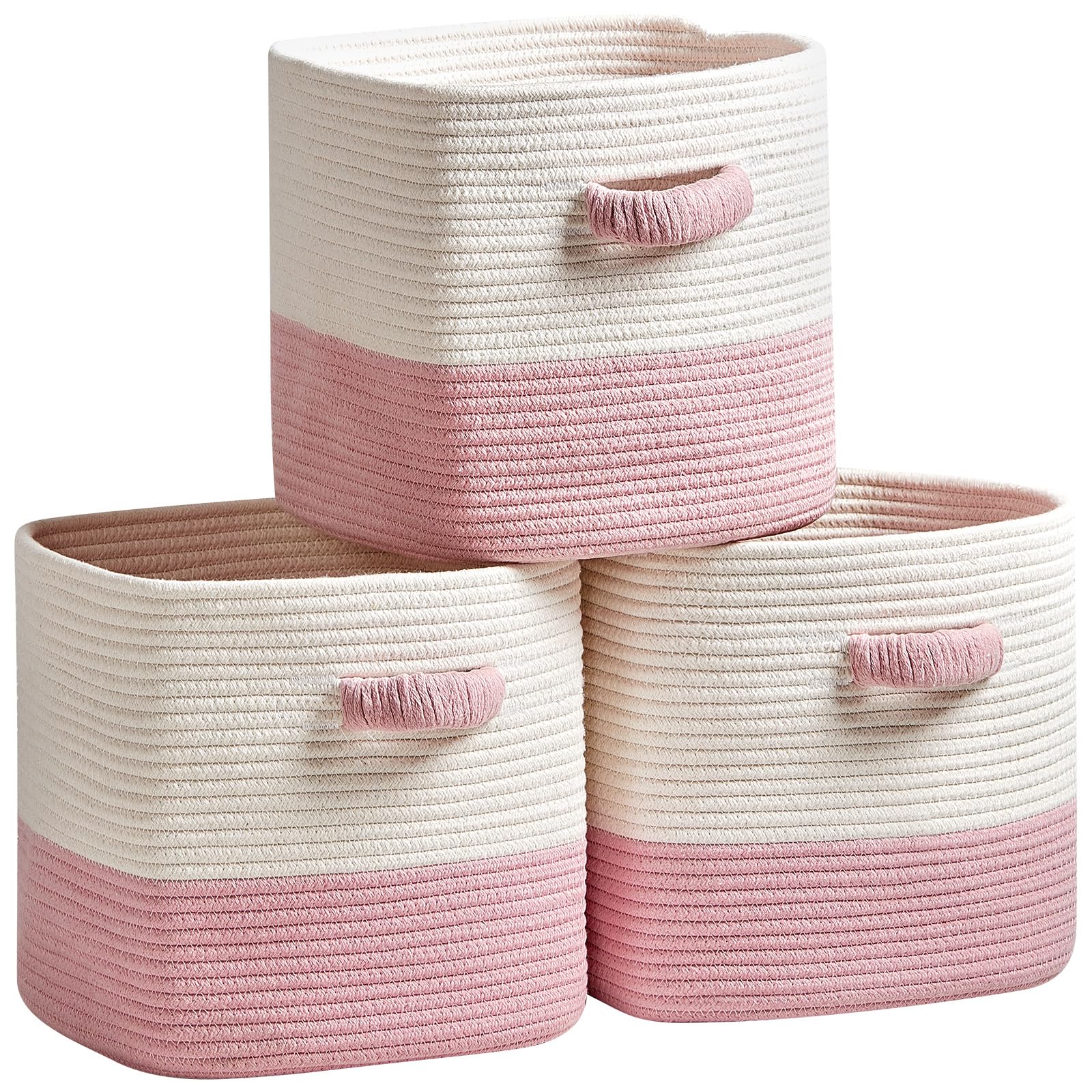 11 Inch Woven Storage Cube Baskets - 3 Pack Square Organizer Bins for Shelves, Closet & Toy Storage | White & Pink | Perfect for Home Organization, Kids Room & Nursery Decor