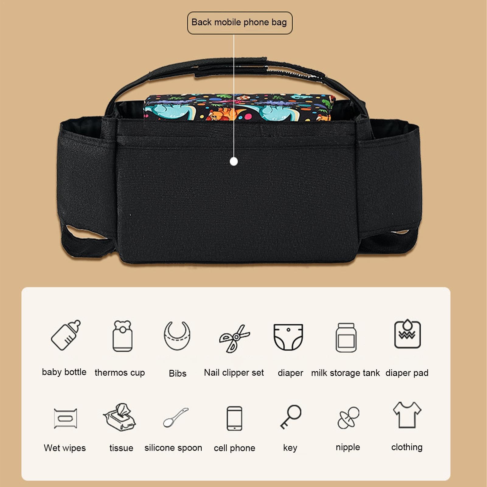 Portable Stroller Organizer with Cup Holder & Phone Pocket - Detachable Stroller Caddy for Baby Bottles, Snacks & Essentials | Perfect for Walks, Shopping & Traveling with Your Baby