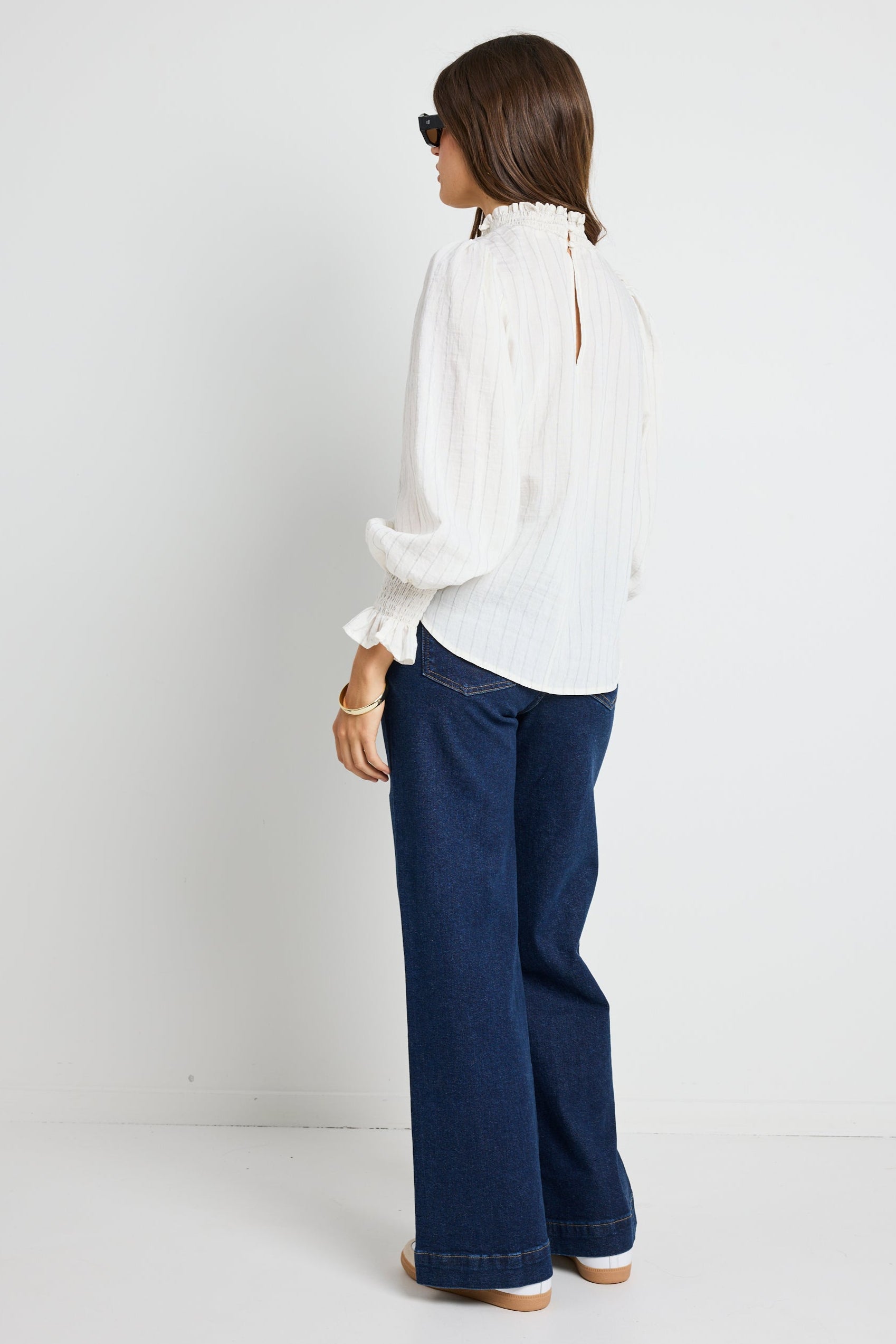 Emphatic Ivory Stripe High Neck Blouse for Women - Elegant Long Sleeve Tops for Work, Party & Casual Wear