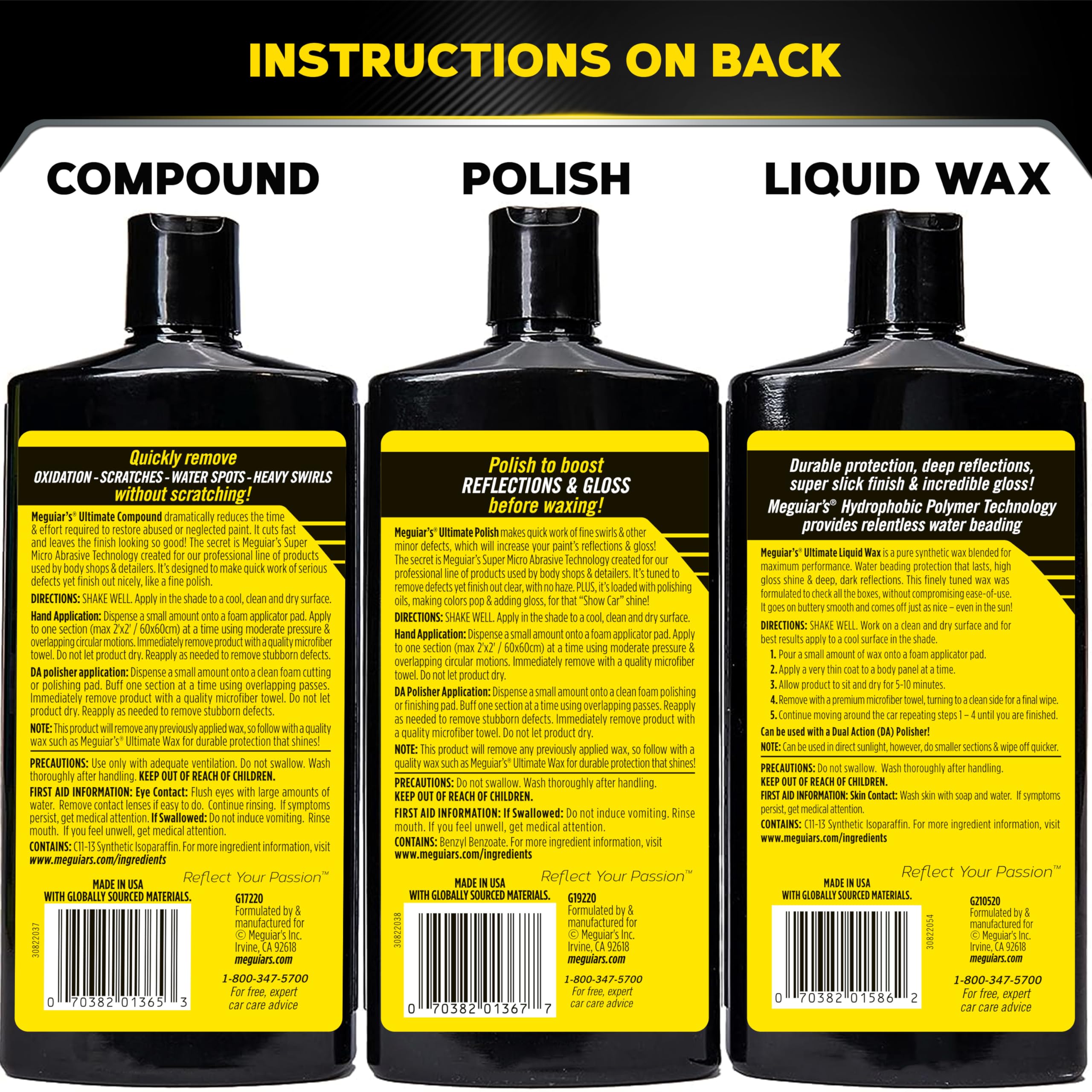 Meguiar's Ultimate 3 Step Paint Care Kit - Car Wax, Polish & Protectant for Auto Detailing & Shine - Perfect for Car Wash, Show Preparation & Vehicle Maintenance