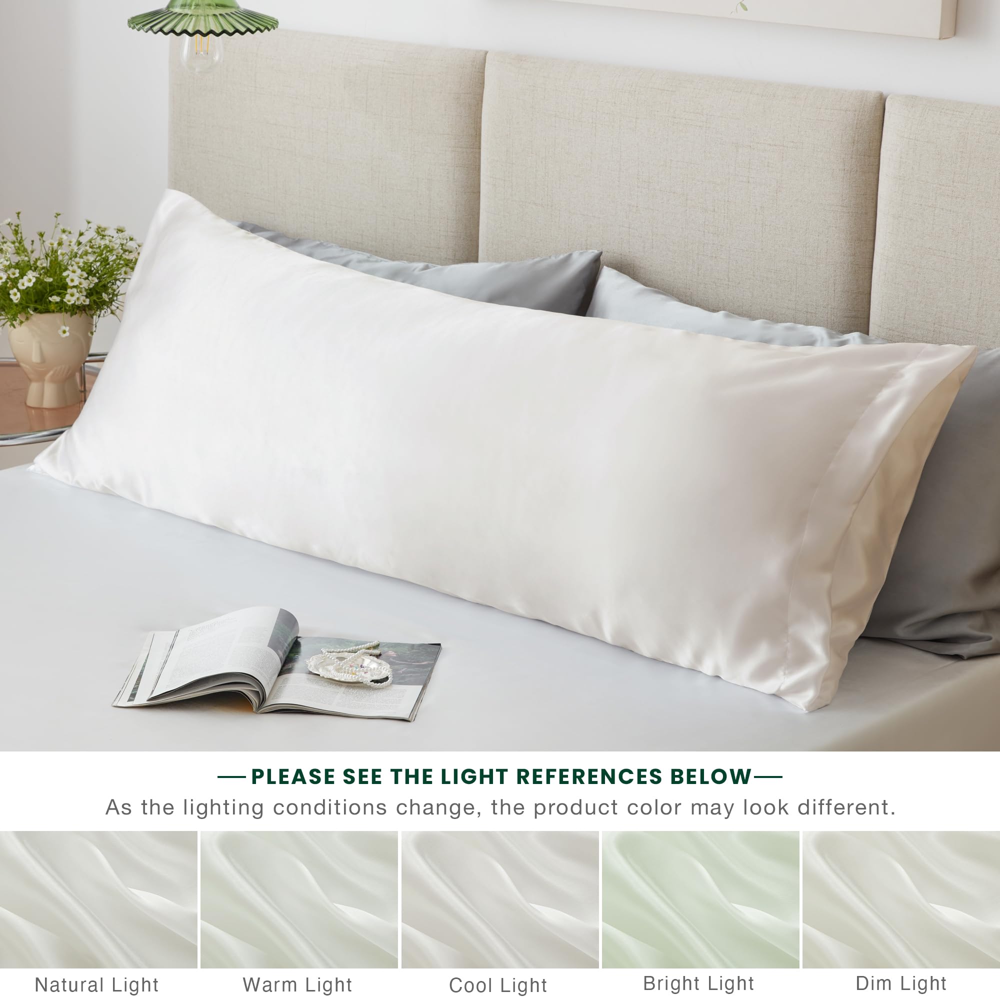 Love's Cabin 20x54 Inch Ivory White Body Pillow Cover - Soft Satin Cooling Pillowcase with Envelope Closure for Hair & Skin Care - Silky Smooth Like Silk Pillowcase - Perfect for Sleeping, Travel & Home Decor