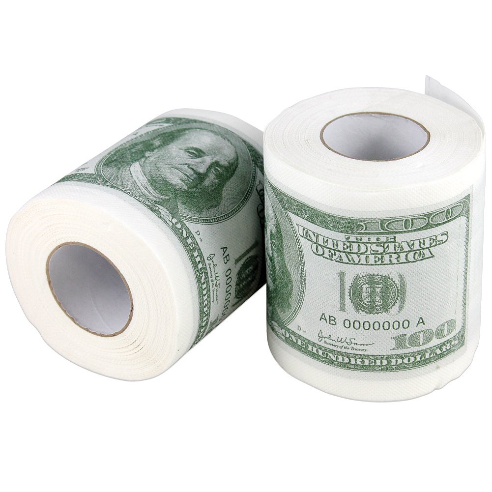 Funny Fake Money Toilet Paper Rolls - Novelty 100 Dollar Bill Bathroom Tissue - Pack of 4 - Great for Pranks, Gag Gifts & Party Decorations