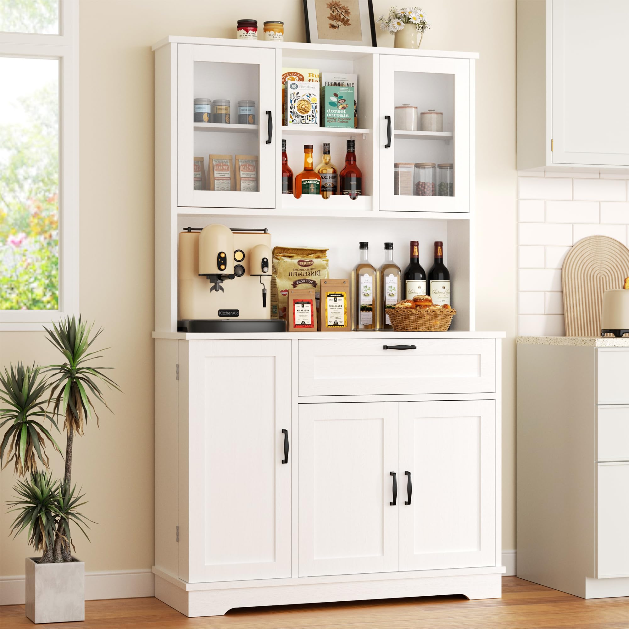 Modern White Tall Kitchen Pantry Cabinet with Hutch & Microwave Stand - Glass Door Storage for Coffee Bar, Dining Room - Perfect for Small Spaces & Kitchen Organization