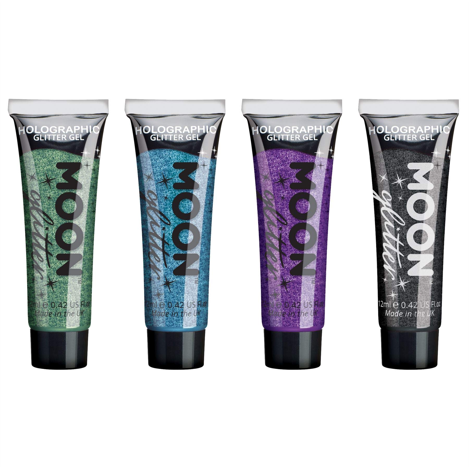 Holographic Fine Face & Body Glitter Gel Set - 4 Vibrant Colors for Festivals, Cosplay & Makeup - 12ml Moon Glitter for Face, Body, Hair & Nails - Perfect for Raves, Halloween & DIY Nail Art