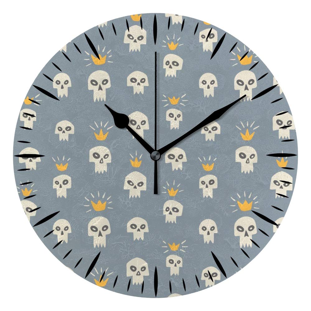 10 Inch Hapuxt Silent Non-Ticking Wall Clock - Battery Operated PVC Round Decorative Clock with Vampire Skulls Crowns Design for Kitchen, Office, Living Room & Bedroom | Perfect for Home Decor, Gifts and Halloween Theme