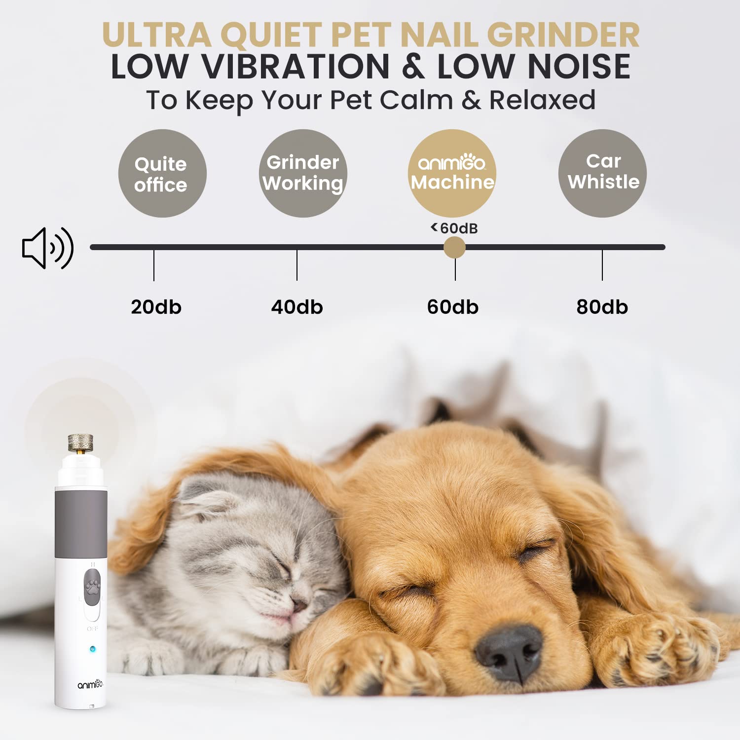 Animigo Dog Nail Grinder - Low Noise, 2-Speed Pet Nail Trimmer with USB Rechargeable Battery & Extra Diamond Grinding Head - Safe for Small & Medium Dogs & Cats - Perfect for Home Grooming & Professional Pet Care