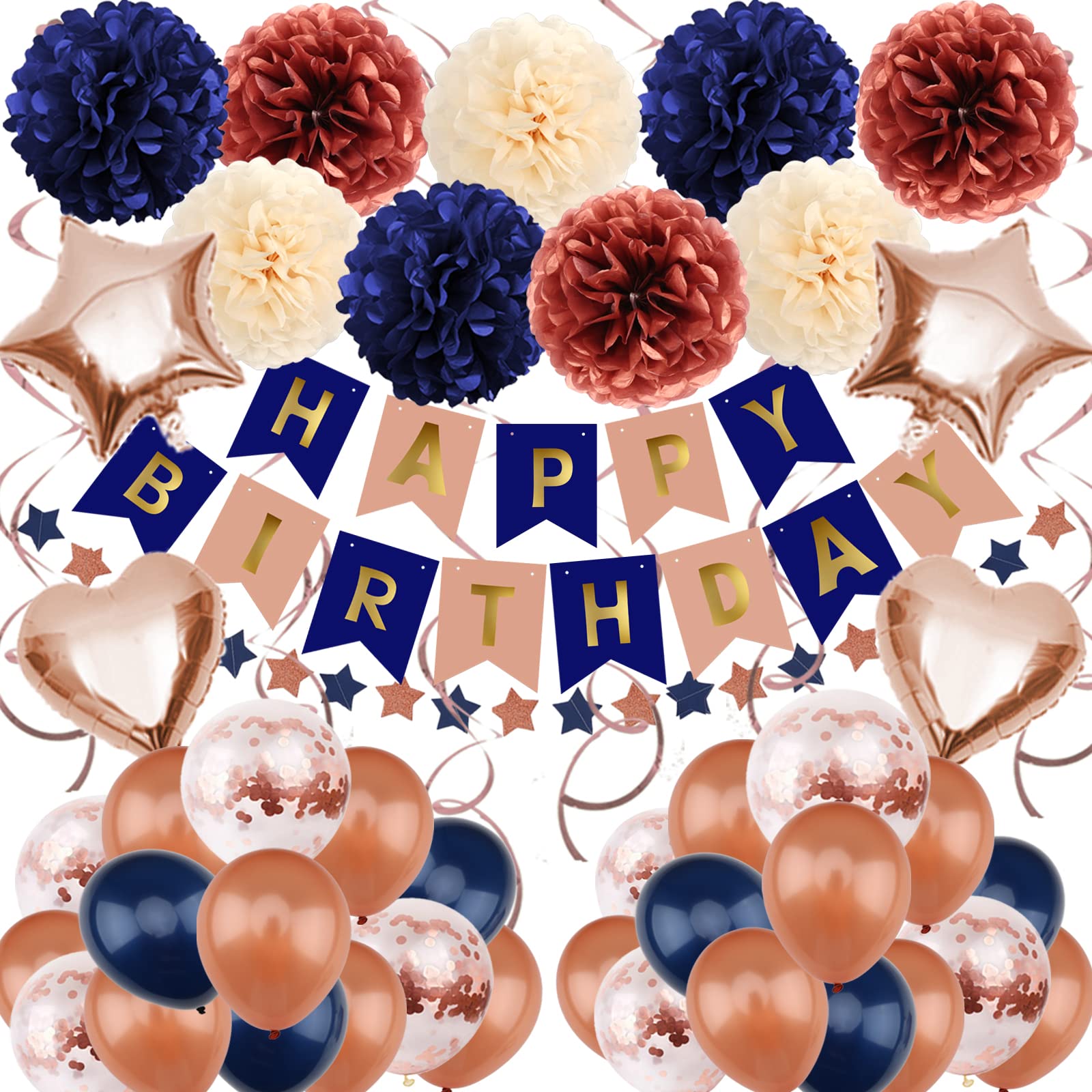 Navy Blue & Rose Gold Birthday Decorations Set - Happy Birthday Banner, Paper Pompoms & Balloons for Women, Men, Boys & Girls | Perfect for Birthday Parties, Baby Showers & Anniversary Celebrations