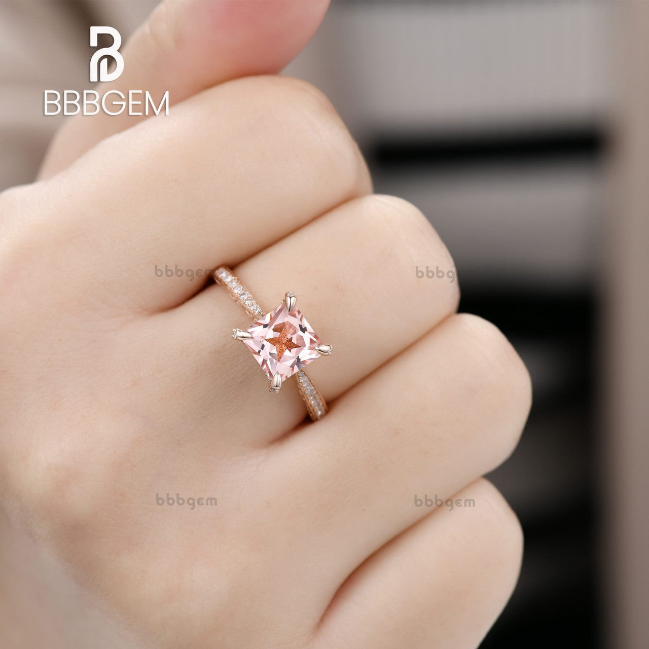 Exquisite Morganite Princess Cut Diamond Side Stone Engagement Ring with Filigree Tapered Diamond Band - Perfect for Proposals, Anniversaries & Romantic Occasions