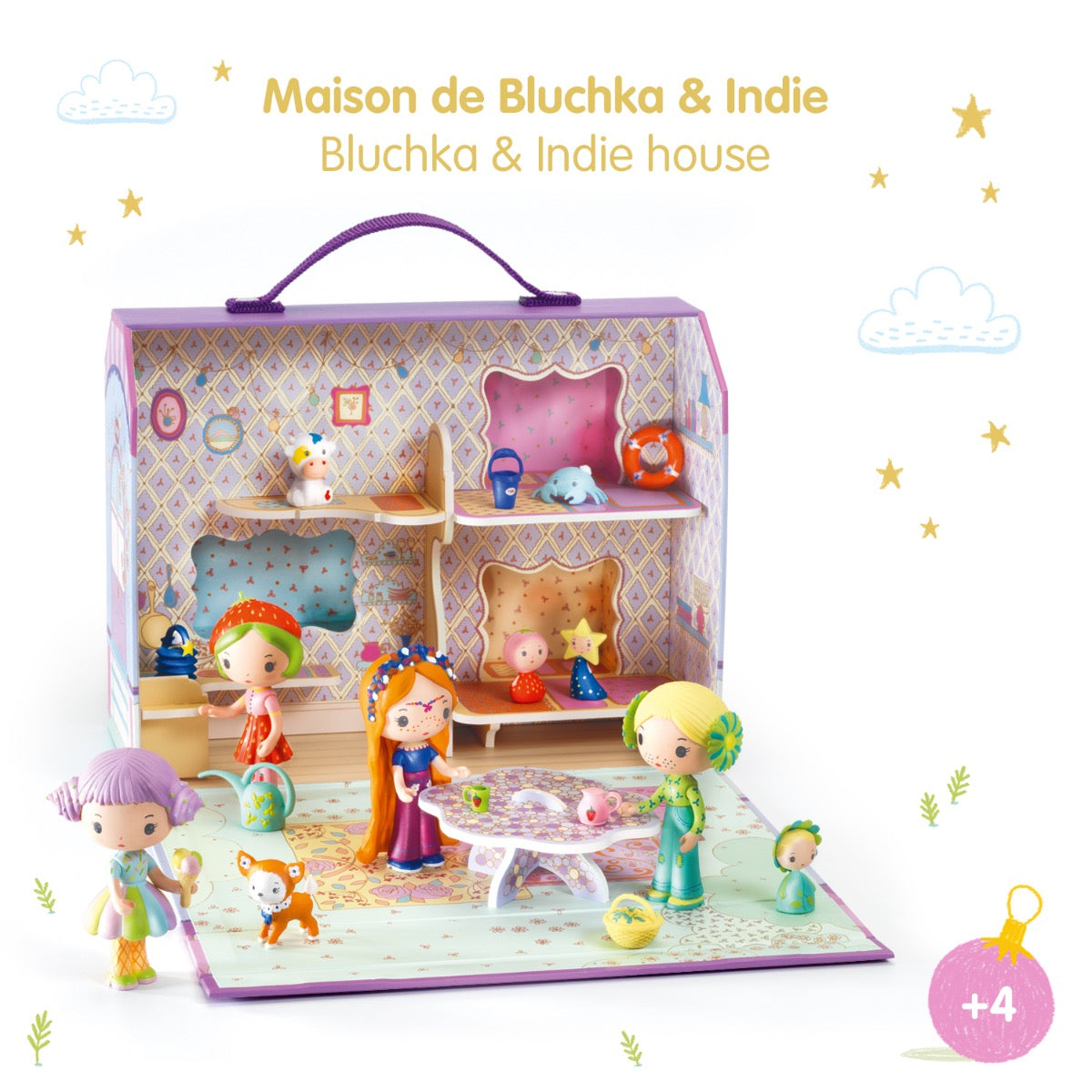 Djeco Tinyly Bluchka & Indie House - Adorable Wooden Animal Figures for Kids, Perfect for Pretend Play and Room Decor | Great Gift for Birthdays and Holidays