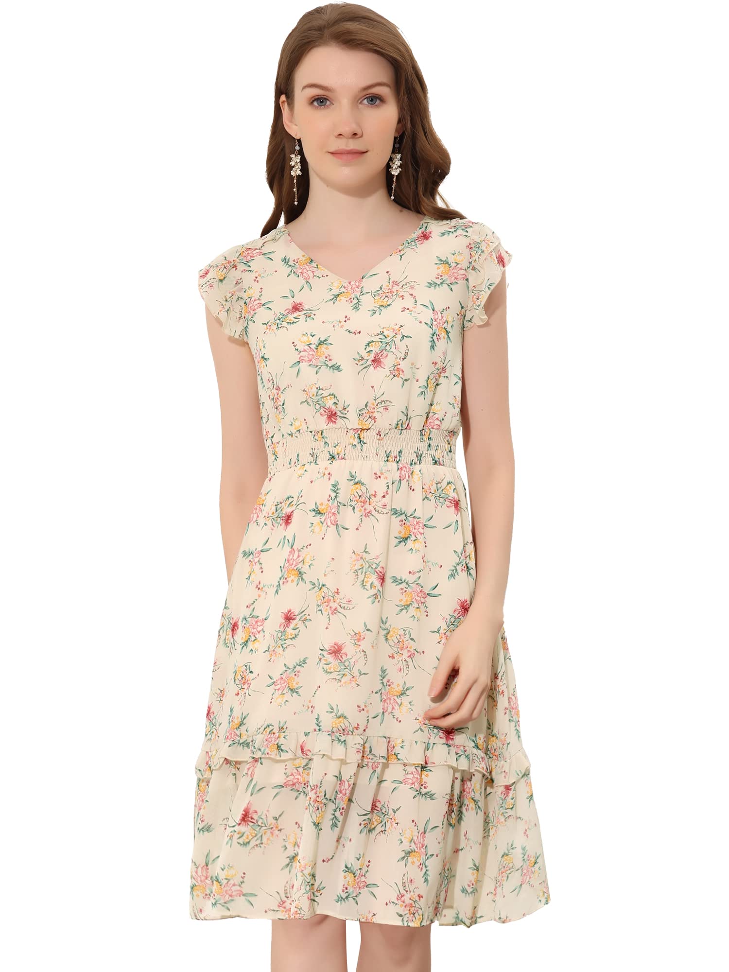 Allegra K Women's Floral Print Flutter Sleeve V-Neck Smocked Ruffle Midi Dress for Summer, Wedding & Party | Casual & Formal Occasions