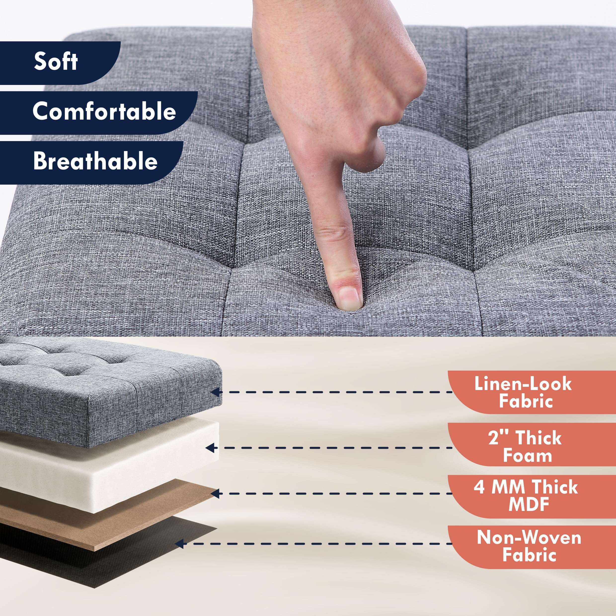 Ornavo Home 45 Inch Folding Storage Ottoman Bench with Removable Top - Large Foot Rest Stool, Storage Chest for Living Room, Bedroom & Entryway (Gray)