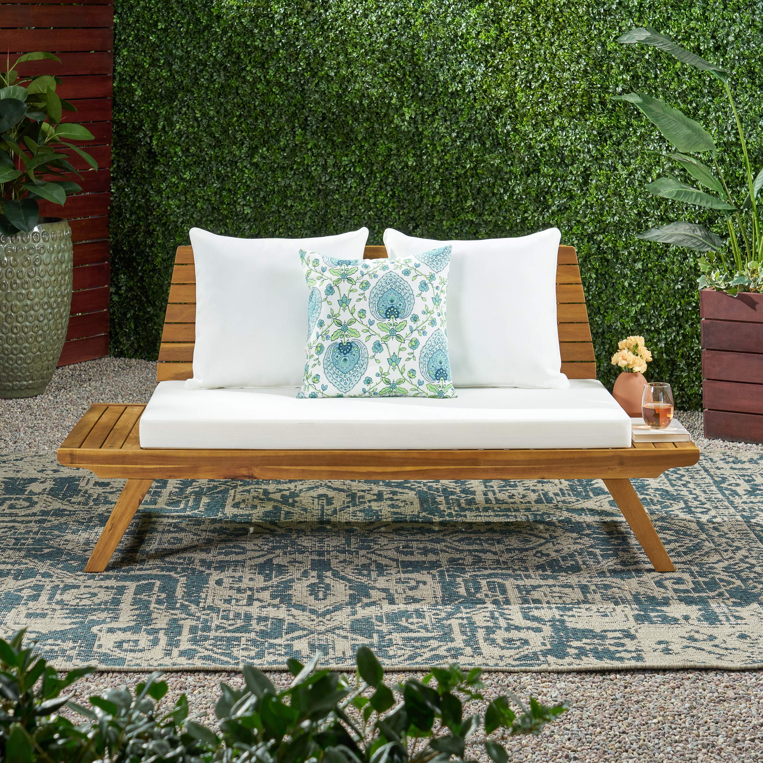 GDFStudio Outdoor Wooden Loveseat with Cushions - White & Teak Finish Patio Furniture Set for Garden, Porch, and Backyard Relaxation