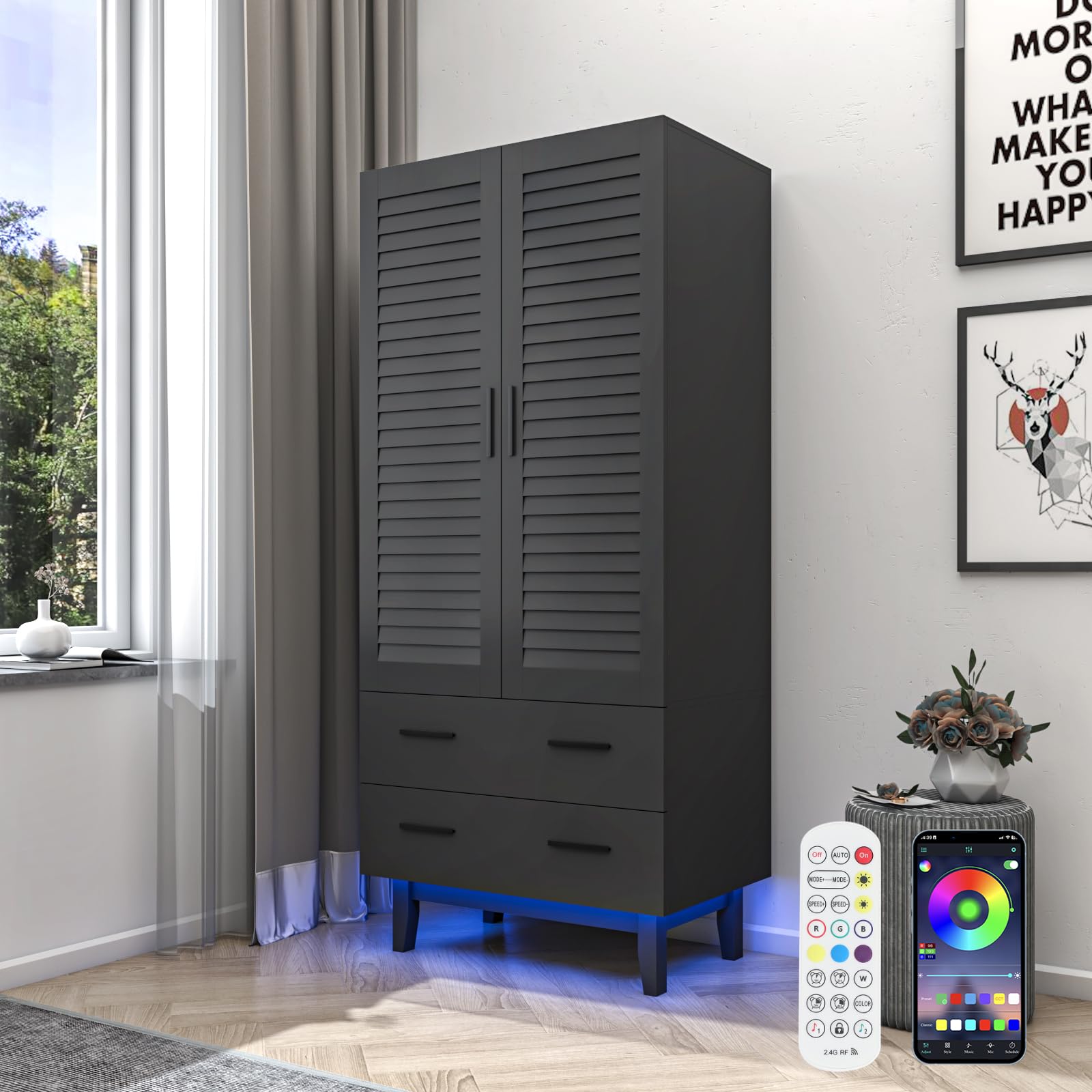 2 Door Wardrobe with LED Lights & Shelves - Large Storage for Bedroom Closet Organization