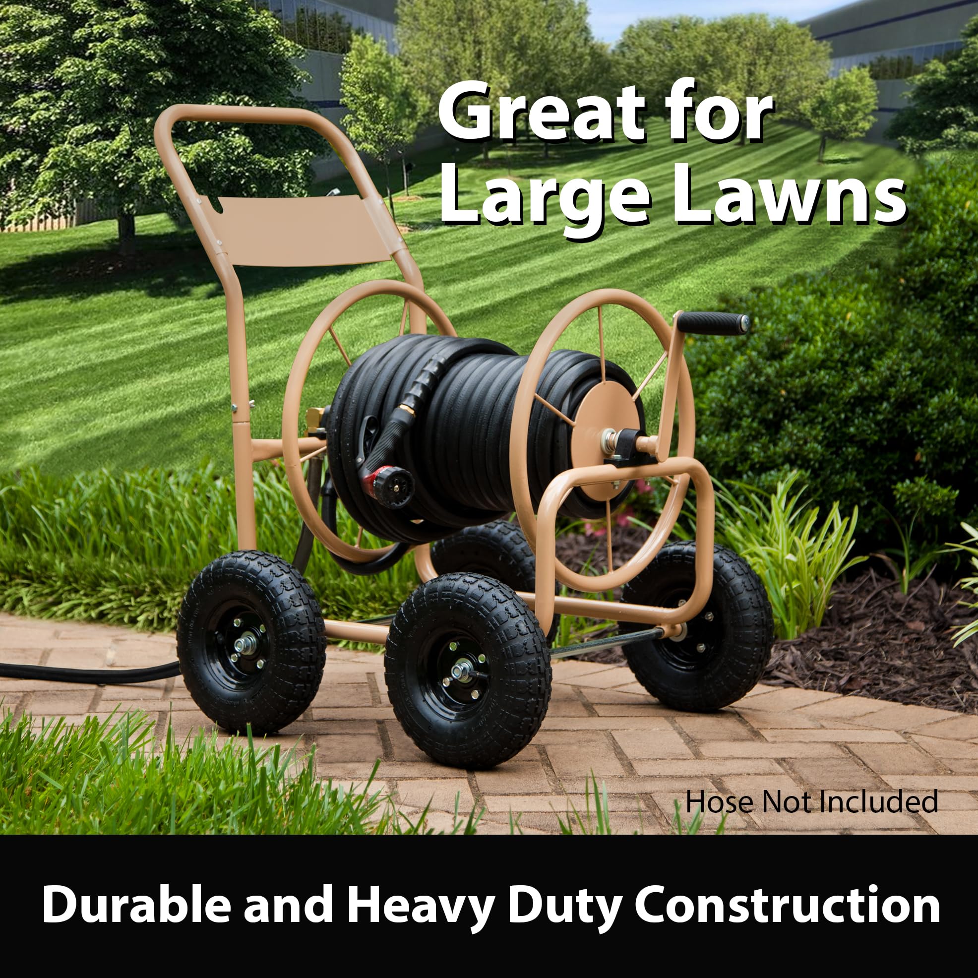 Liberty Garden Industrial 4 Wheel 300ft 0.625 Inch Heavy Duty Water Hose Reel Cart with Steel Frame - Perfect for Backyard, Garden, Lawn Irrigation & Outdoor Watering - Beige
