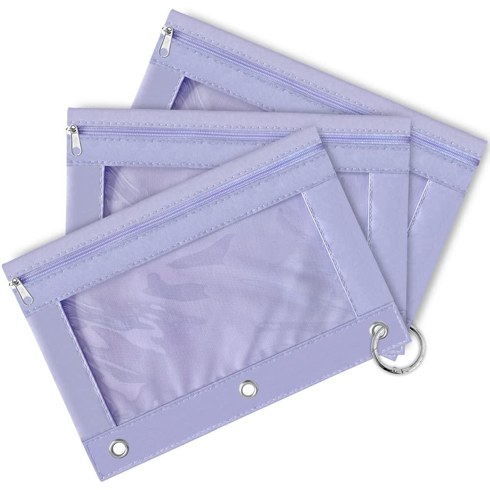 3-Pack Multi-Color Large Capacity 3-Ring Binder Pencil Pouch with Zipper Closure & Clear Window - Reinforced Grommets for School, Office & College Organization (Taro Purple)