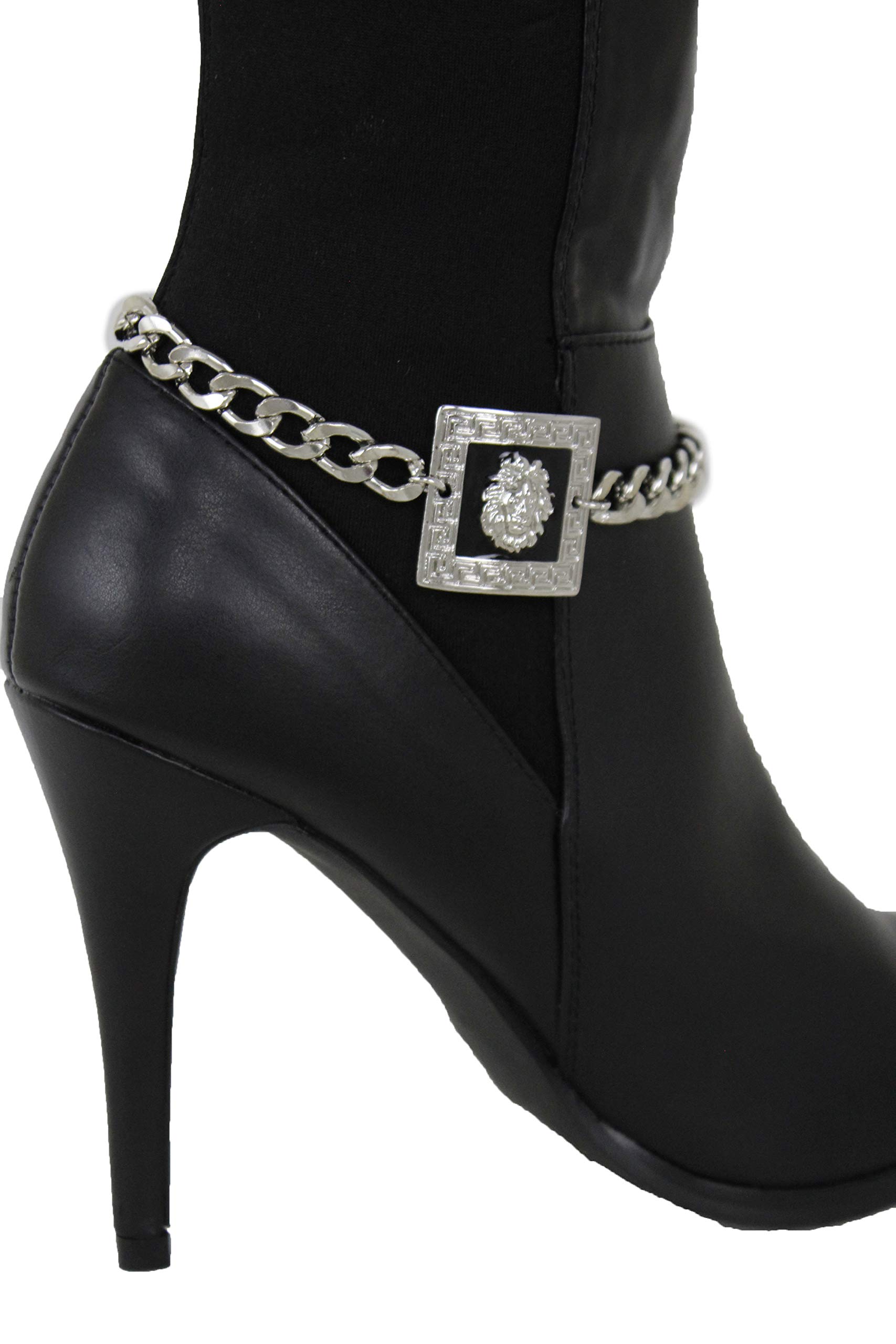 TFJ Women's Silver Boot Bracelet Chain - Bling Metal Western Fashion Anklet with Black Square Lion Charm for Cowgirl Boots & Festival Outfits