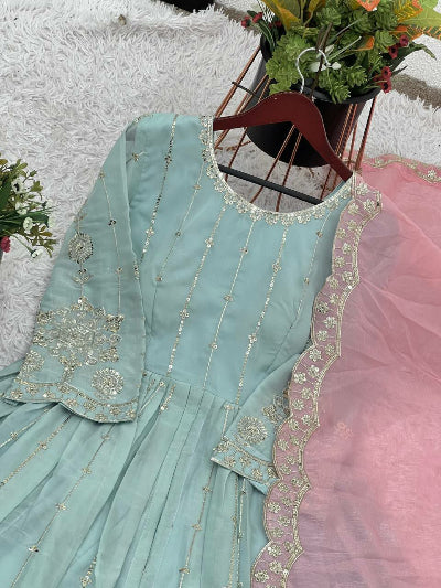 Elegant Seagreen Pink Georgette Long Kurti Set with Skirt & Dupatta - Perfect for Weddings, Parties & Festive Occasions