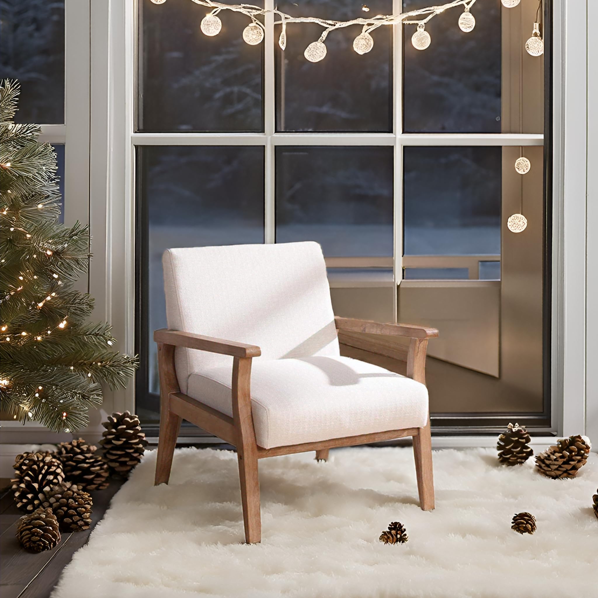 Mid Century Modern Beige Accent Chair - Solid Wood Armchair with Linen Upholstery, Comfortable Sitting Chair for Living Room, Bedroom, Office - Cream Home Decor for Relaxation & Reading Nook
