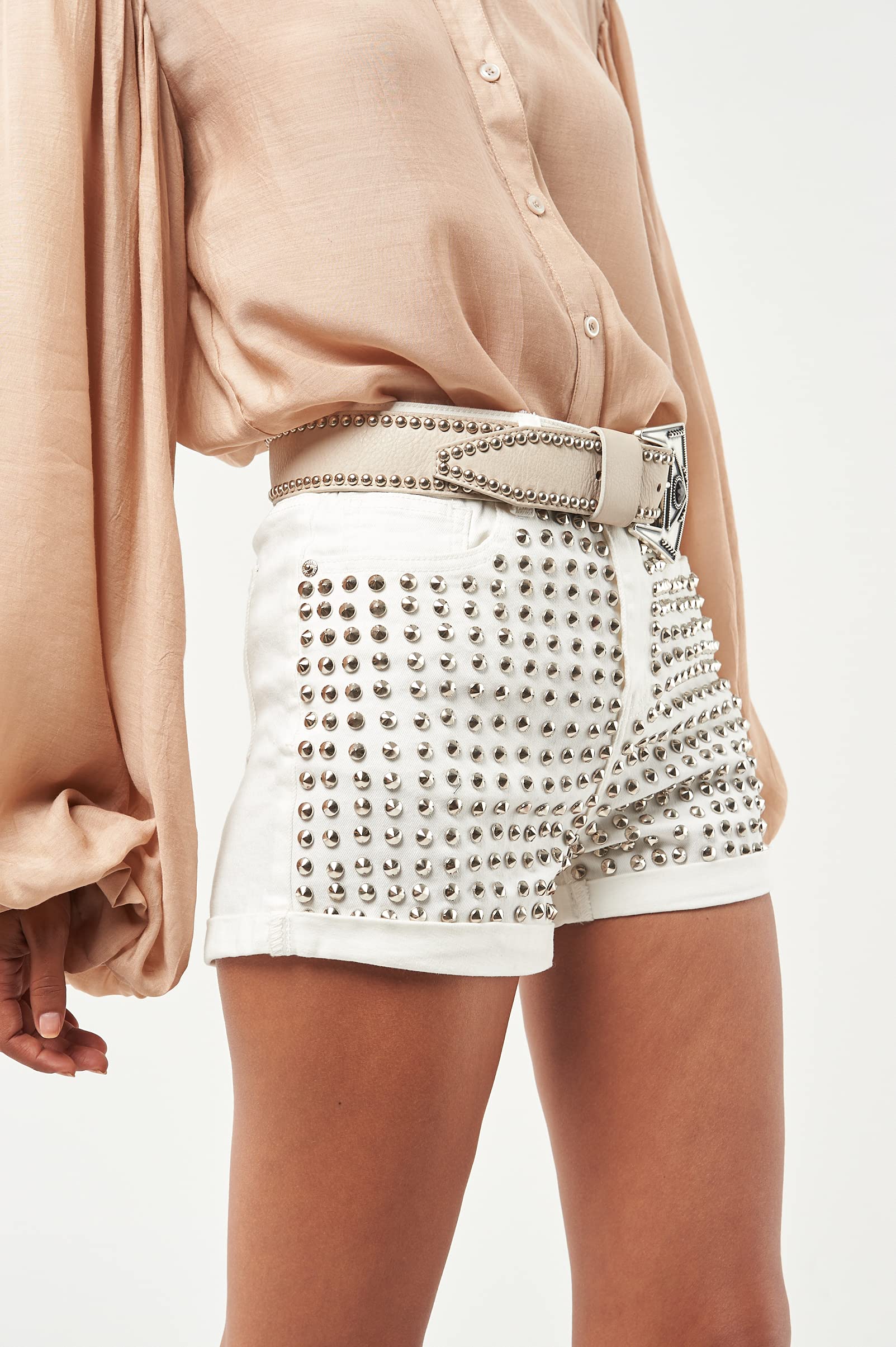Women's Fashion Studded Denim Shorts - Trendy High Waist Distressed Jeans for Casual Outfits & Summer Street Style