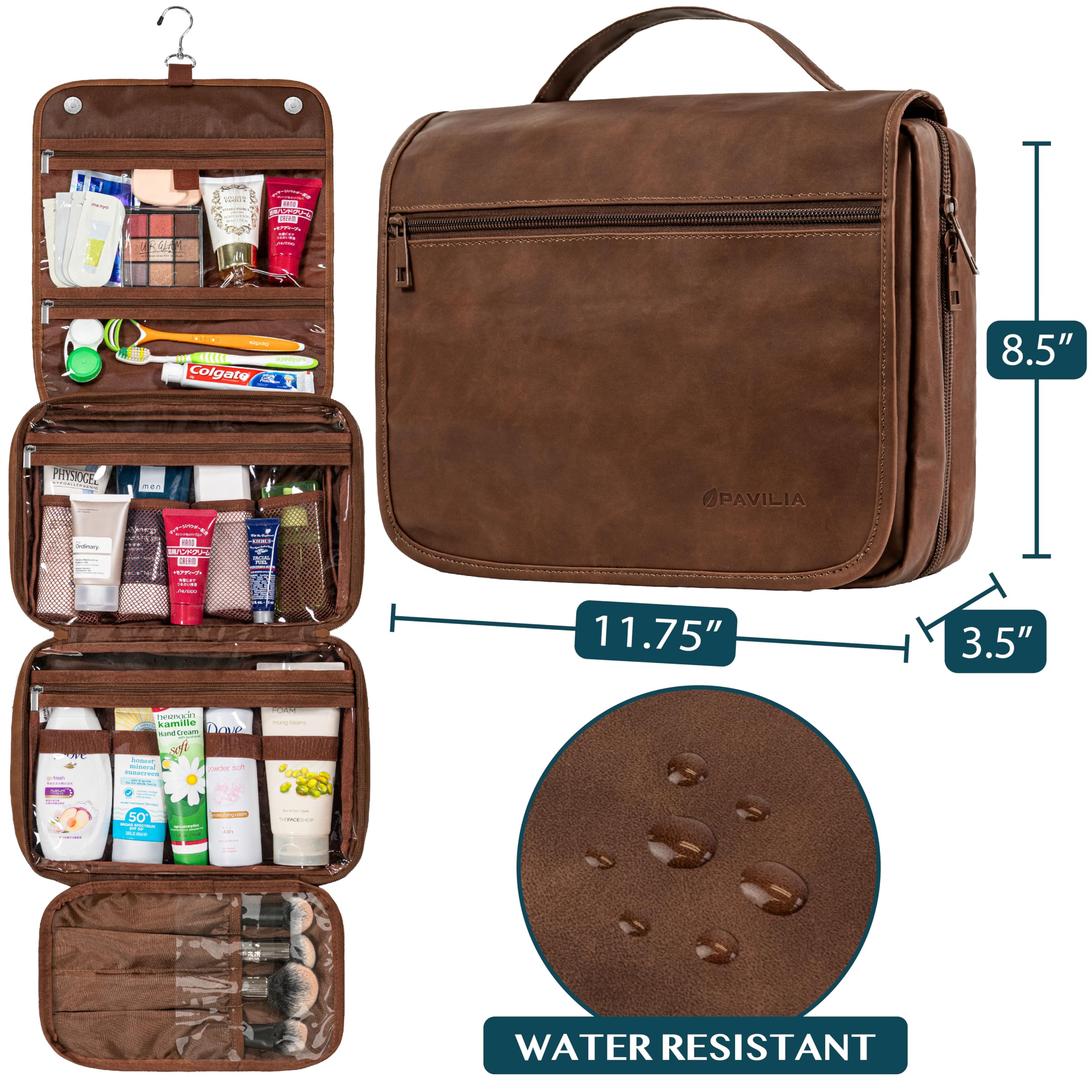 PAVILIA Hanging Toiletry Bag for Women & Men - Foldable Waterproof Cosmetic Organizer Travel Bag - Large Makeup & Toiletries Essentials Kit (Dark Brown) - Perfect for Camping, Gym, Business Trips & Vacation