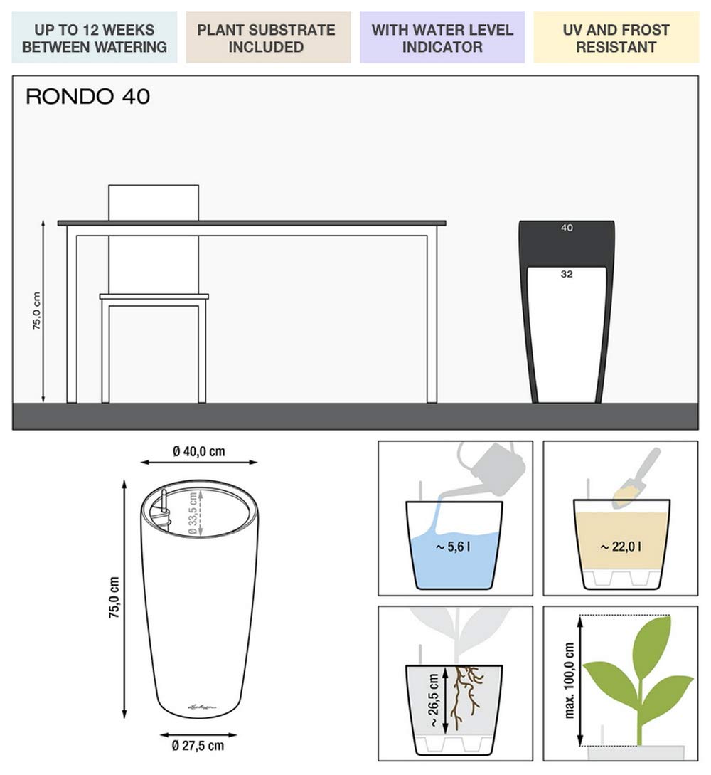 Lechuza Rondo 40 Self-Watering Planter - Large Indoor/Outdoor Garden Flower Pot with Drainage Hole & Substrate - 40cm Polyresin Floor Planter (75cm Height, Silver Metallic) - Perfect for Living Room, Patio, or Office Decor