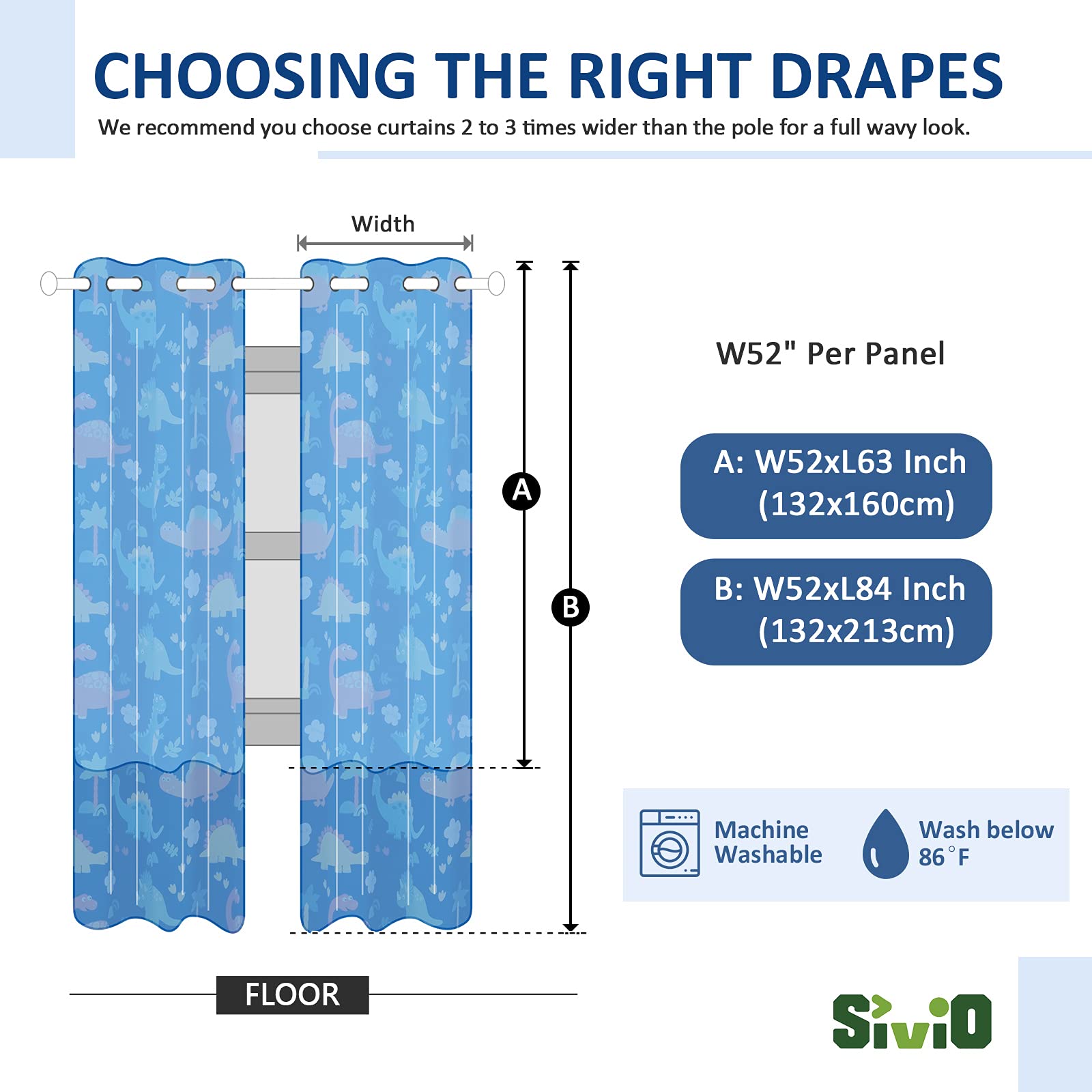 Blackout Curtains for Kids Bedroom - Thermal Insulated Darkening Dinosaur Print Curtains Set of 2 Panels (52