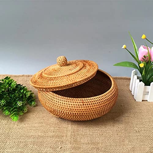 Hand-Woven Rattan Storage Basket with Lid - Round Woven Storage Box for Jewelry, Snacks & Tea Set (22x13cm/28x14cm) - Natural Home Organization for Bedroom, Bathroom & Living Room Decor