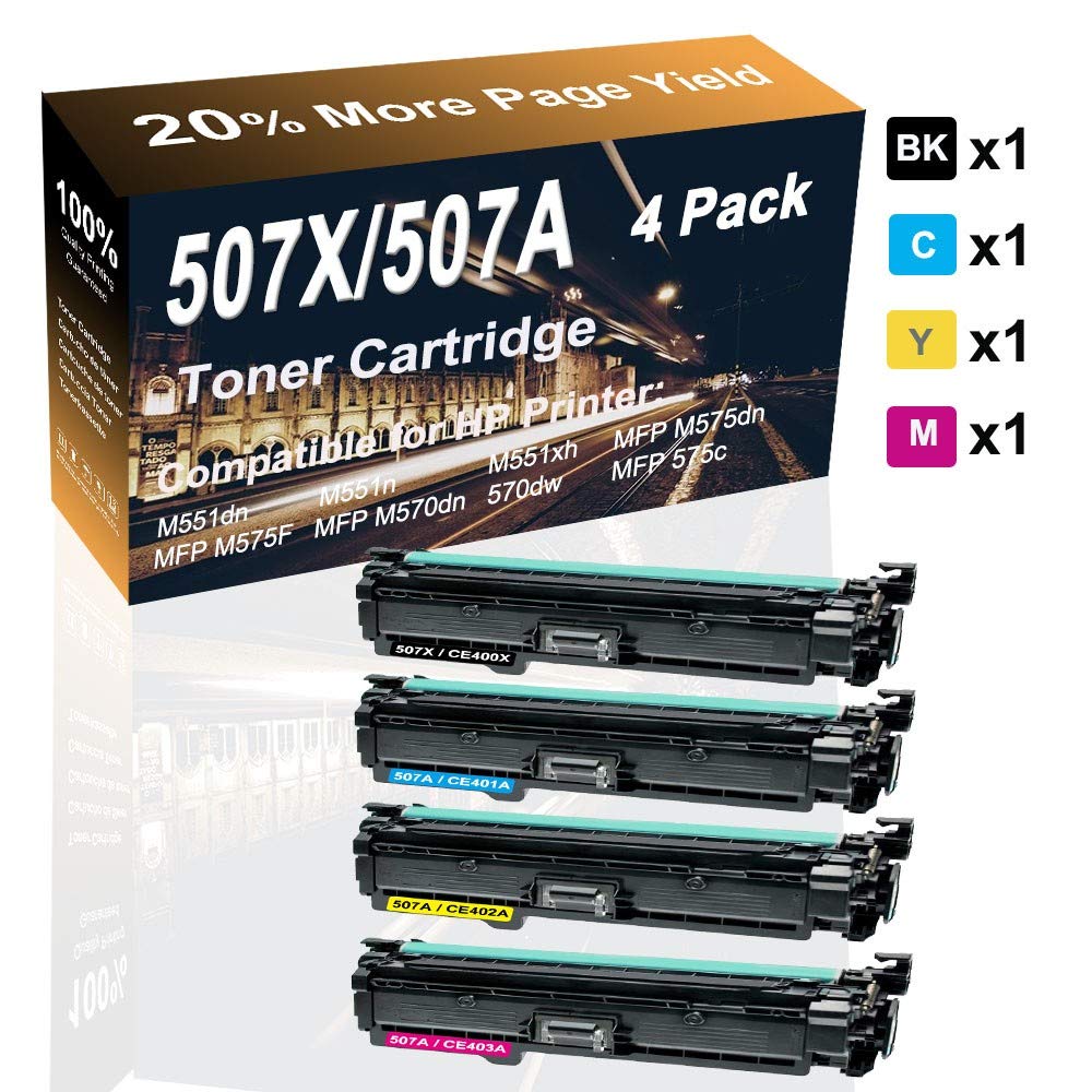 4-Pack (Black+Cyan+Yellow+Magenta) High Yield 507X/507A Compatible Toner Cartridge for HP M570dn/M570dw/M575c Printers - Perfect for Office & Home Printing, Documents, Photos & High-Volume Printing Needs