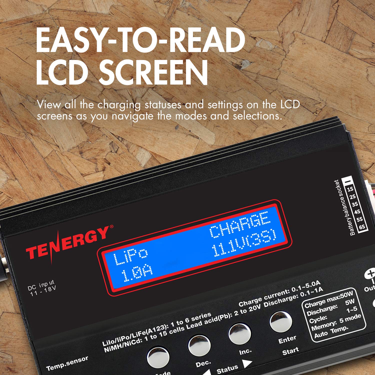 Tenergy TB-6AB 1S-6S Digital LCD Battery Charger Discharger for NiMH/NiCD/Li-PO/Li-Fe Battery Packs - Compatible with Tamiya/JST/EC3/HiTec/Deans Connectors + Power Supply - Perfect for RC Cars, Drones, and Hobby Battery Charging