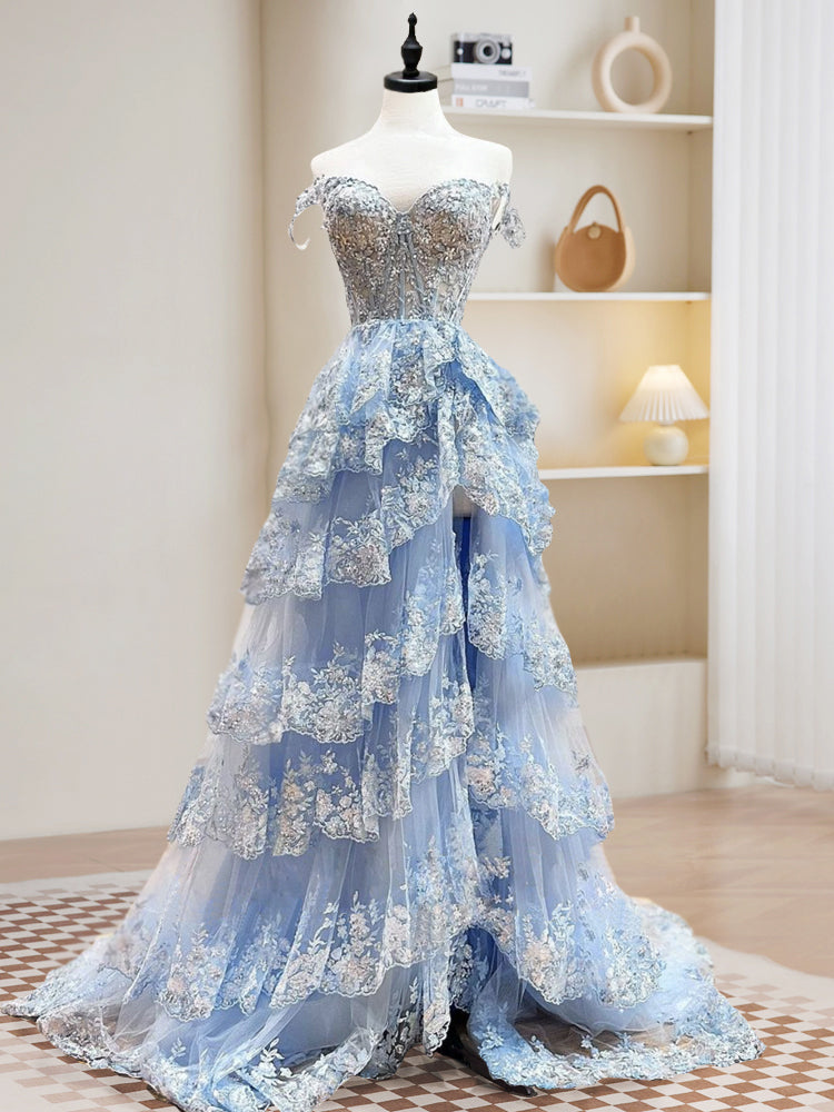 Elegant A-Line Blue Sequin Tulle Prom Dress for Women - Long Formal Evening Gown for Homecoming, Ball, and Special Occasions