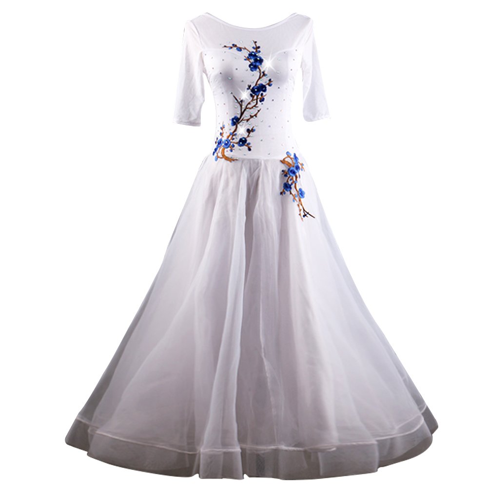 Elegant Ballroom Dance Dresses for Women - Stretch Yarn Organza Performance Dress with Embroidery, Crystals & Ruffles - Perfect for Latin, Salsa, Tango Competitions & Stage Performances