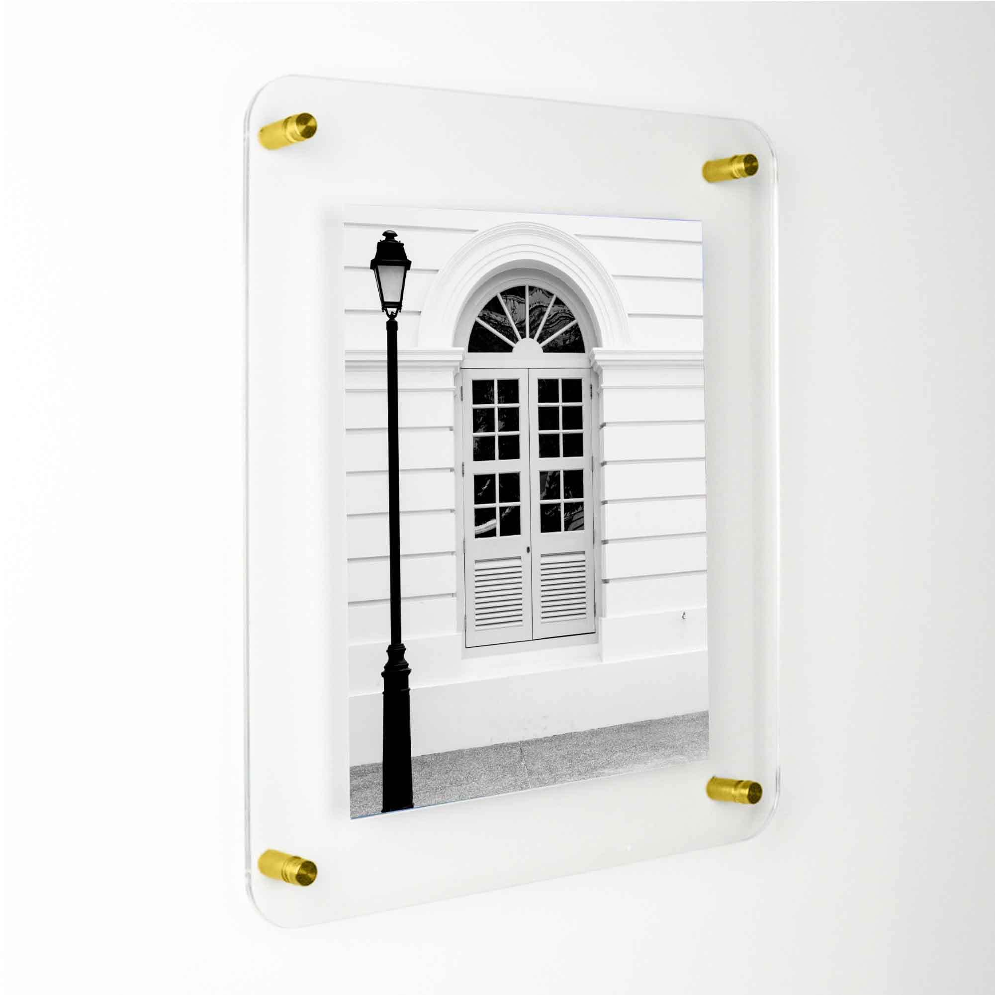 12x16 Floating Acrylic Picture Frame with Gold Standoff Hardware - Clear Frameless Wall Mount Display for 16x20 Inch Photos - Perfect for Home Decor, Office Art & Gallery Style Presentations