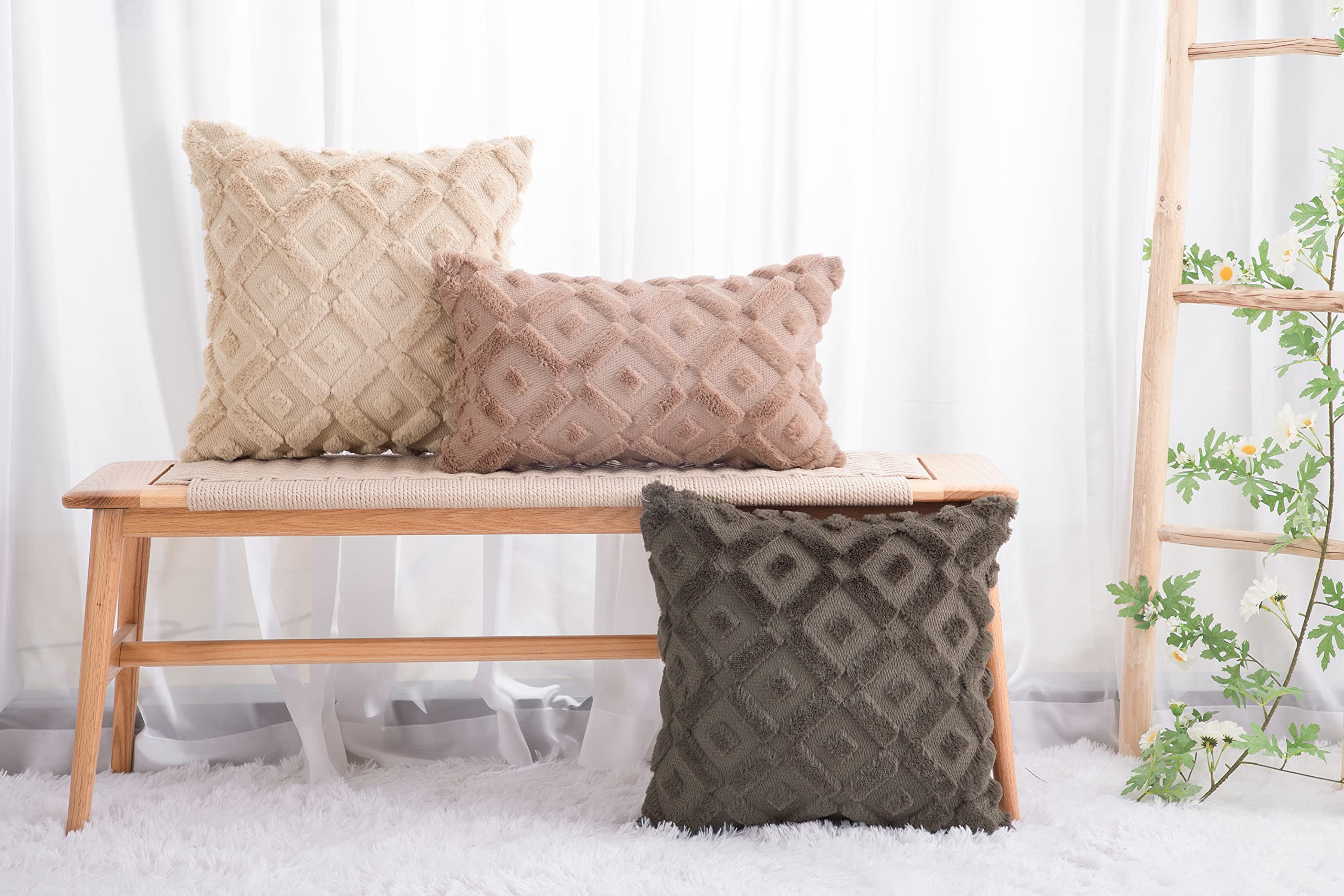 Premium Set of 2 Taupe Plush Wool Throw Pillow Covers 12x20 Inch - Soft Velvet Rectangular Cushion Covers for Sofa, Bed & Living Room Decor | Cozy Home Accessories for Winter Comfort