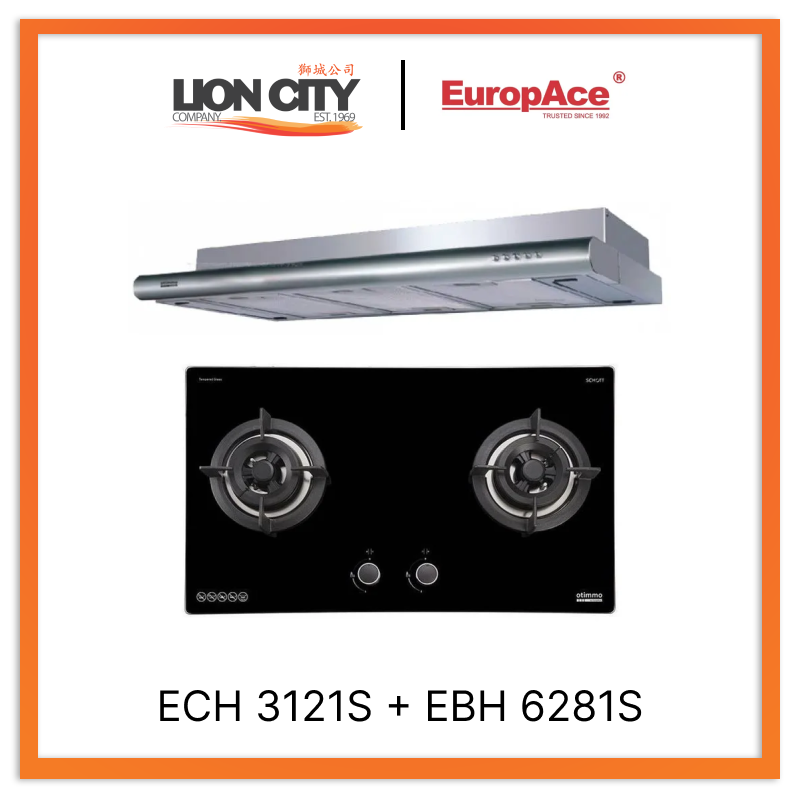 Europace ECH3121S 90cm Deluxe Slim Curve Range Hood with EBH 6281S 2-Burner 80cm Slim Glass Cooktop - Modern Kitchen Ventilation for Small Spaces & Apartments