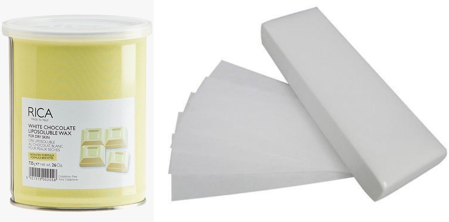 Premium Rica Liposoluble Wax White Chocolate for Dry Skin - 800ml Wax + 85 Spice Waxing Strips + Spatula & 100 Cotton Tissues Kit - Professional At-Home Hair Removal for Legs, Arms & Bikini Line