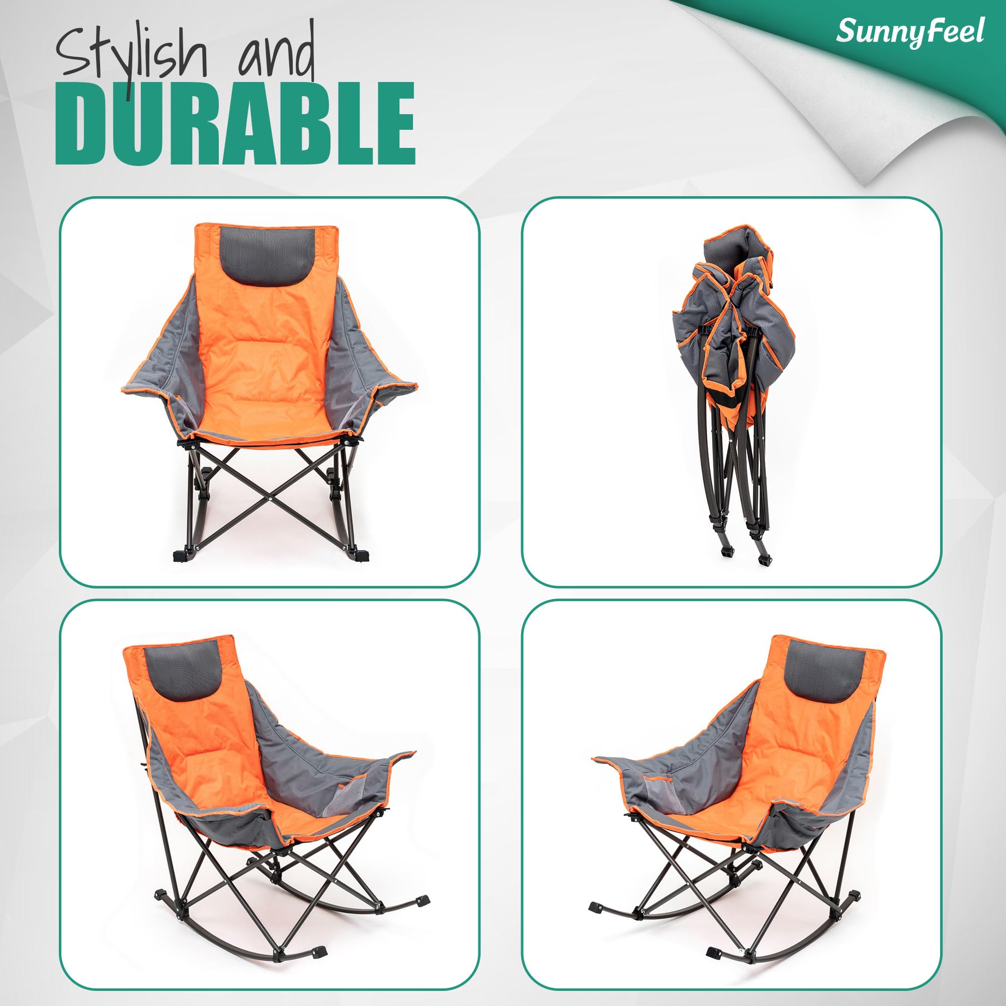 Premium SUNNYFEEL Rocking Camping Chair - Heavy Duty Oversized Folding Recliner with Padded Seat & Storage Pocket - Portable Outdoor Lounge Chair for Camping, Picnics, Beach, Patio & Backyard Relaxation - Includes Carry Bag